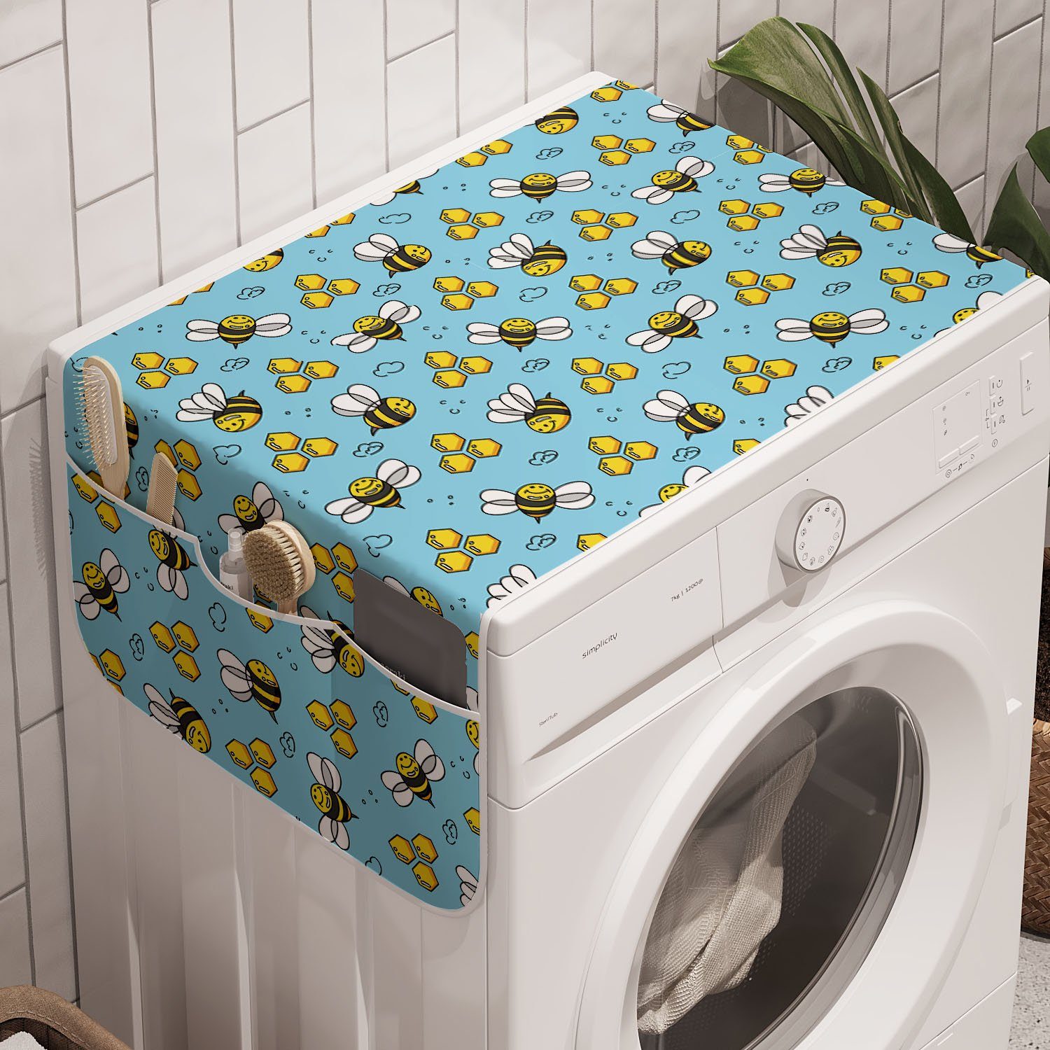 Abakuhaus Badorganizer Anti-Rutsch-Stoffabdeckung für Waschmaschine und Trockner, Honey Bee Cartoon-Stil Glückliche Bienen