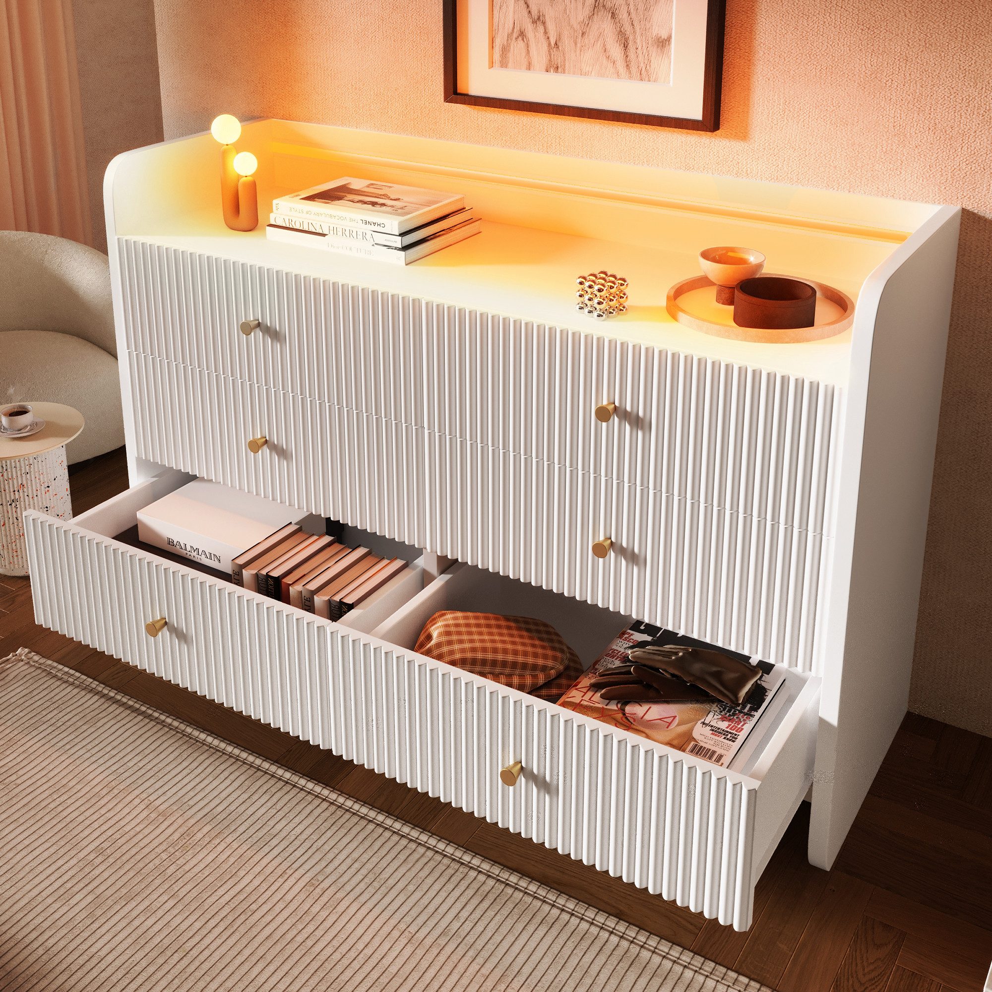 Flieks Kommode mit 6 Schubladen und LED-Beleuchtung (1 St., B120/T40/H75 cm), Sideboard Schrank für Wohnzimmer und Schlafzimmer Weiß