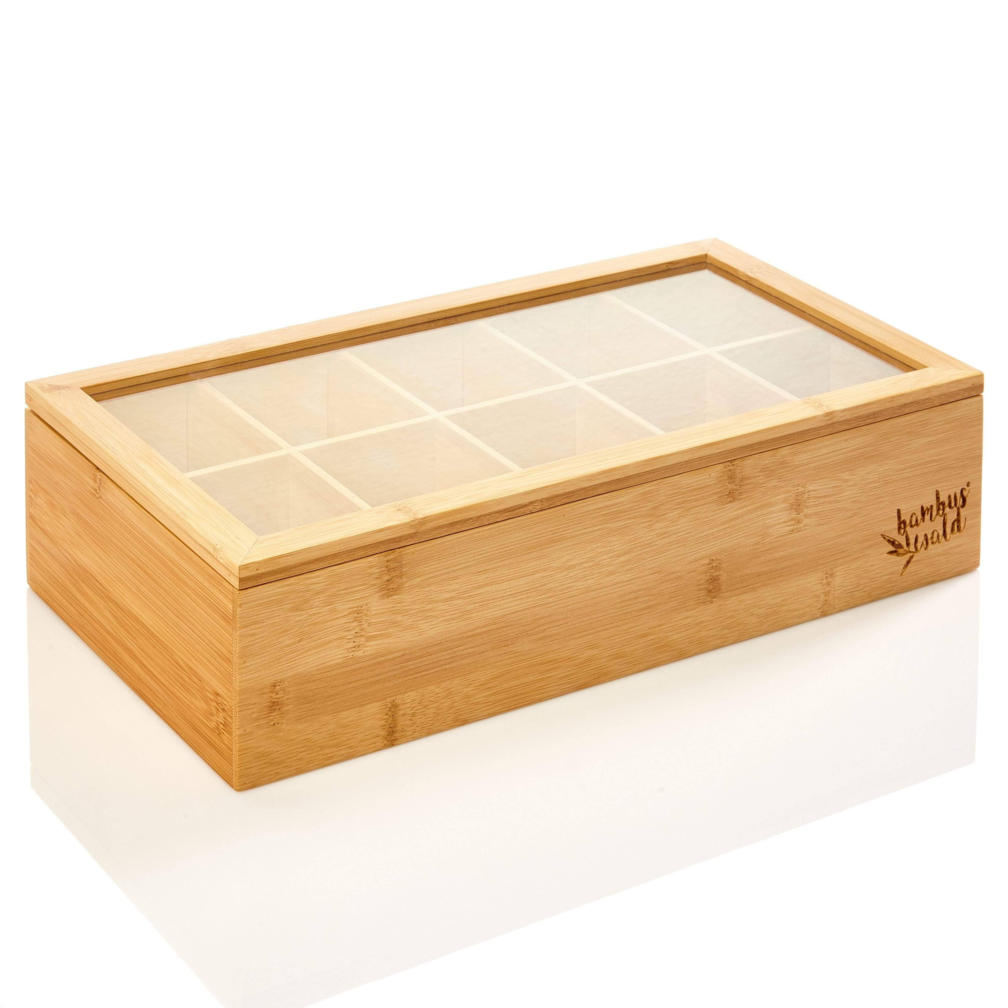 Bambuswald Teebox Teebox, Bambus, mit 10 Fächern aus natürlichen Bambus - 100% nachhaltige Teekiste, Teebeutelbox mit Sichtfenster & aufklappbar für Aromaschutz - dekorativ edel praktisch. Reduzierter Preis € 33,60. Unverbindliche Preisempfehlung € 44,95