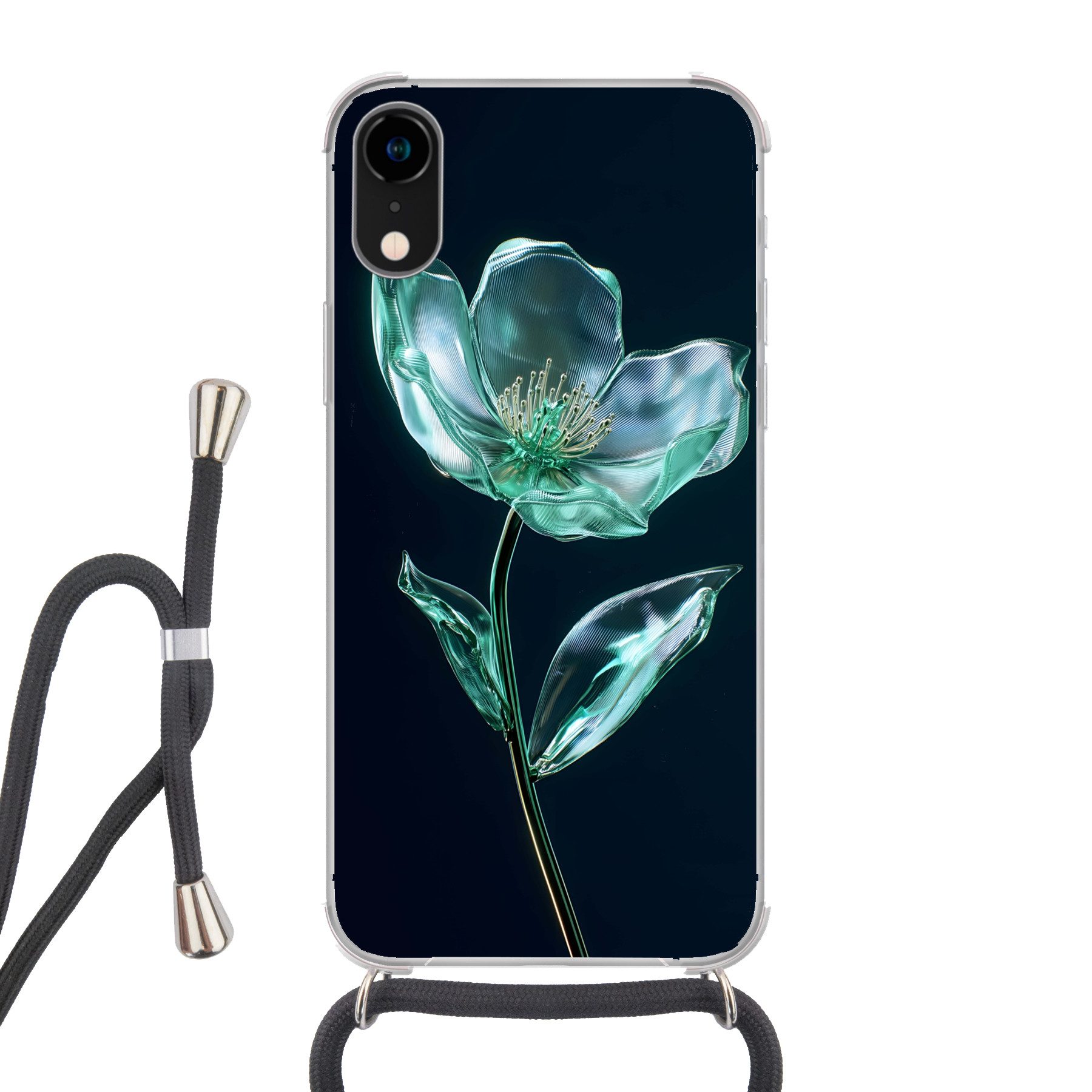 MuchoWow Handyhülle für Apple iPhone XR Blätter - Blume - Gläser - Dunkelblau, Tragbare Handyhüllen mit Kette zum umhängen, Handykette Handyband