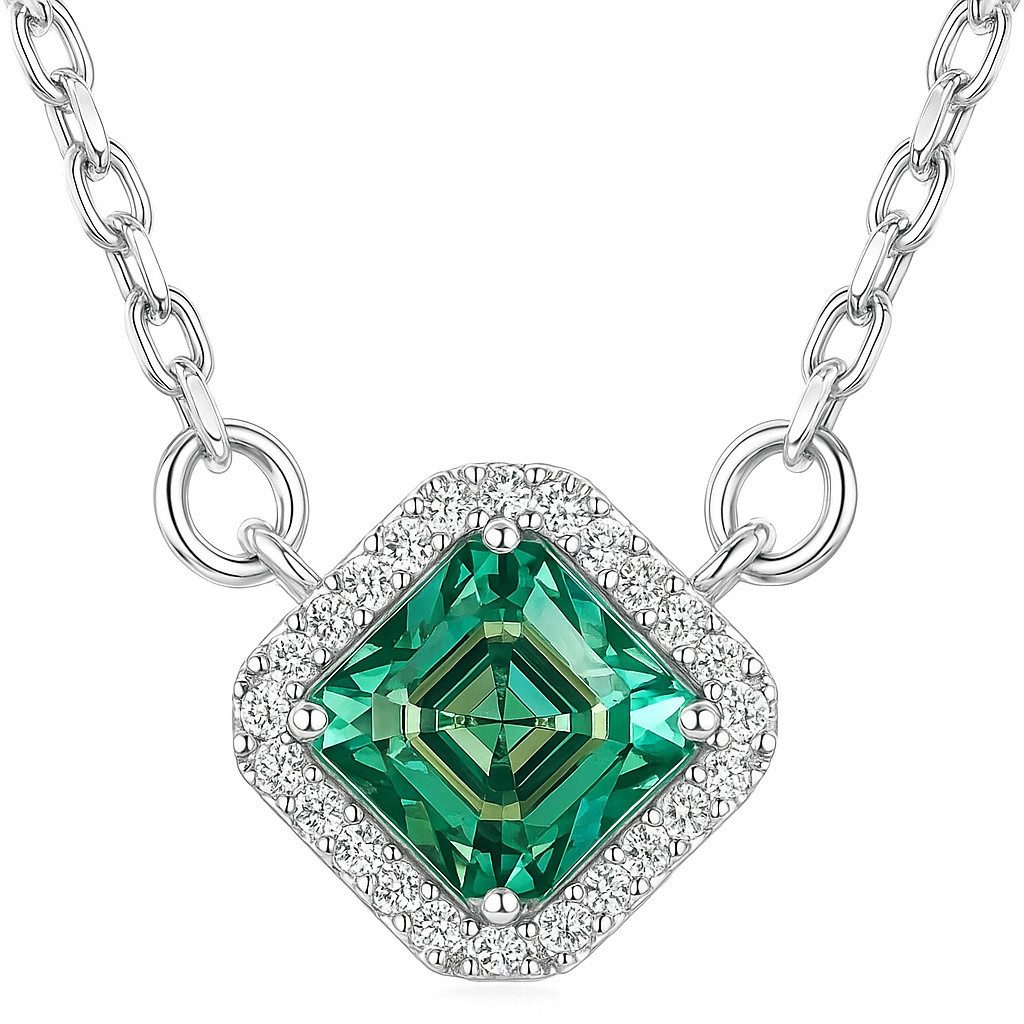 Runde Perlé Kette mit Anhänger 925 Sterling Silber Halskette mit 0,6 ct grünem Moissanit & Zirkonia, 18K Weißgold plattiert, GRA-zertifiziert