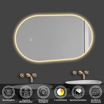 duschspa Badspiegel LED Spiegel Badezimmerspiegel Touch/Wandschalter, Warm/Neutral/Kaltweiß, dimmbar, Memory, Beschlagfrei