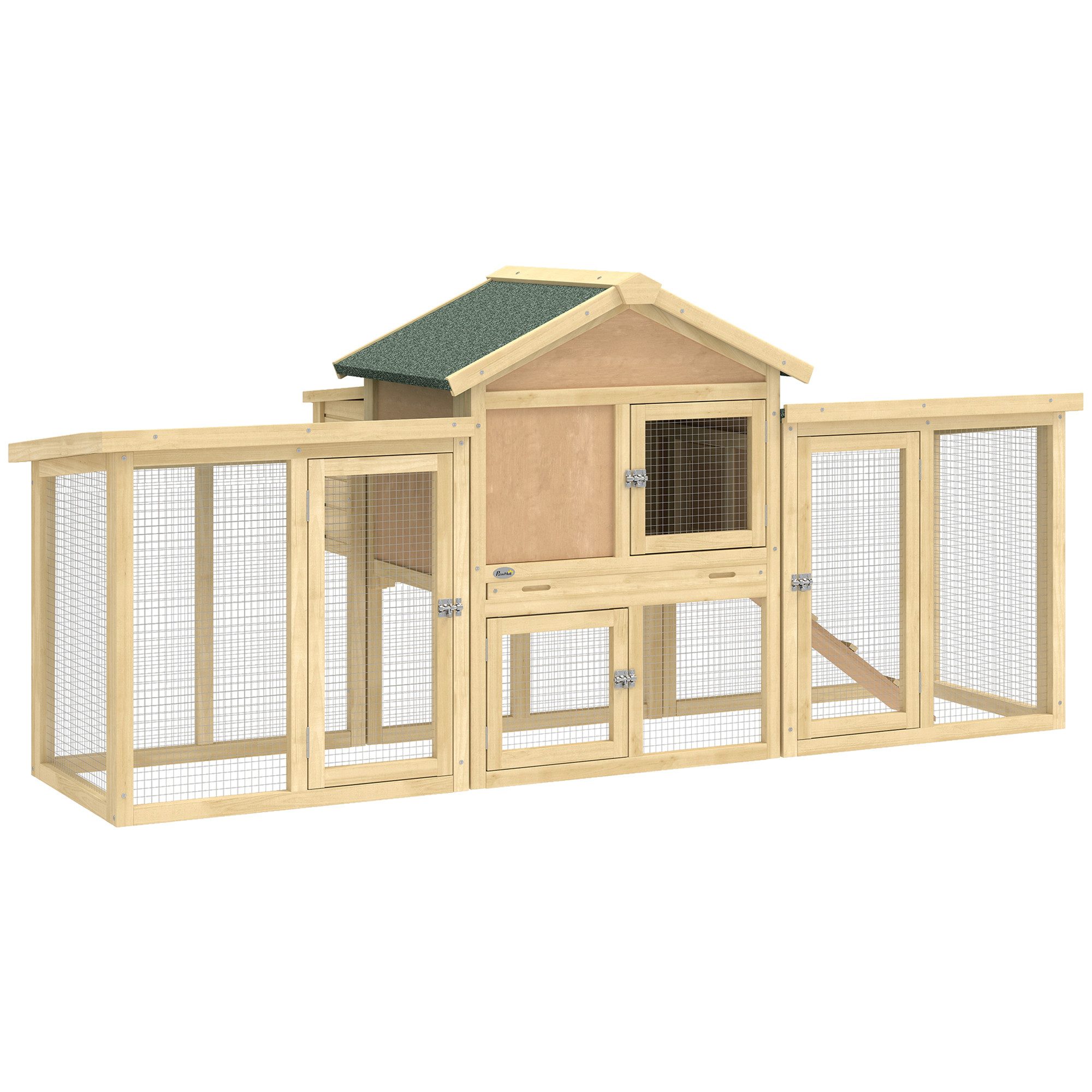 PawHut Hühnerstall Hühnerhaus, Freilaufgehege mit 2 Ebenen, Nistkasten, Sitzstange, für Enten, Kaninchen, für Garten, 204x85x93 cm Naturholz