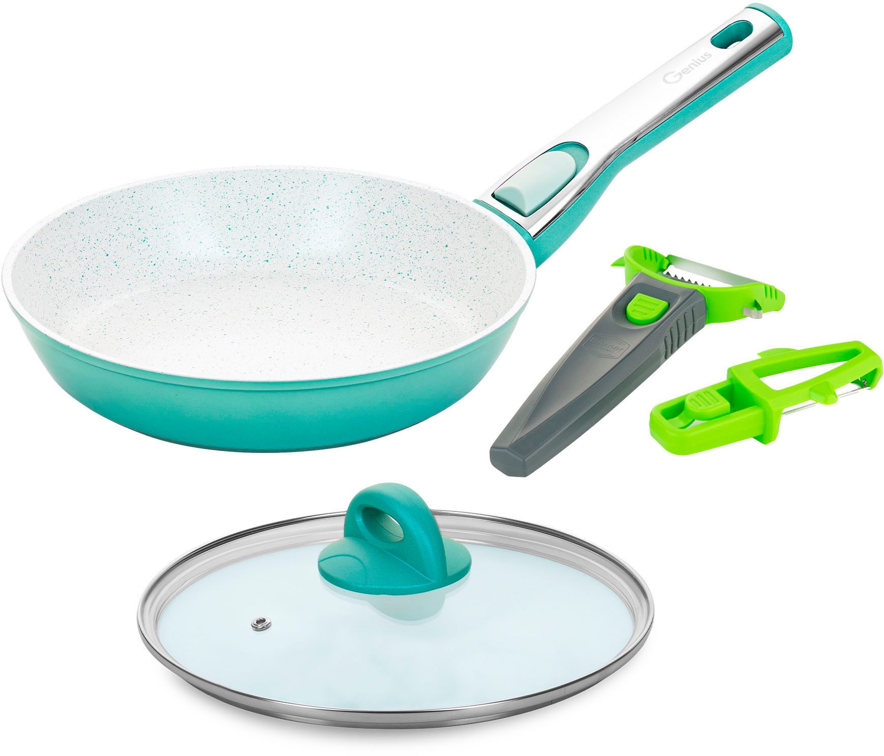 Genius Сковороди-Set Cerafit Revolution Pfanne Ø 24 cm inkl. Börner Multi Peeler, (Set, 5-tlg., Pfanne, Ø 24 cm, aquagrün, Börner Multi peeler 3er-Set, grün), Antihaft-Pfanne mit neuer und herausragender Keramikbeschichtung