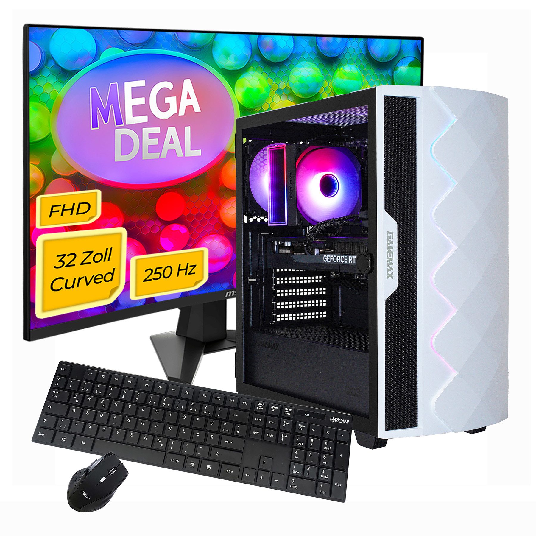 GAMEMAX MegaDeal Diamond WT 2715 Intel i7 14700F 16GB 1TB SSD RTX 5070 Gaming-PC-Komplettsystem (32", Intel® Core i7 14700F, RTX 5070, 16 GB RAM, 1000 GB SSD, Windows 11 + MSI MAG 32C6X Curved Monitor, 80cm (32)