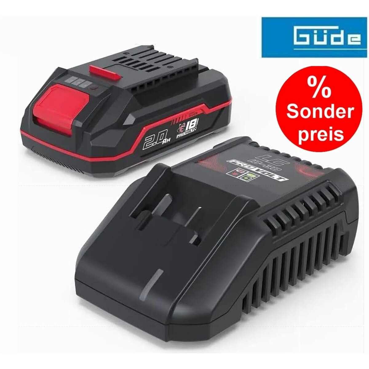 Güde GÜDE Starterset Ladegerät + 18V E³ Systemakku 2.0 Ah LGAP 18-3020 P Akku Starter-Set