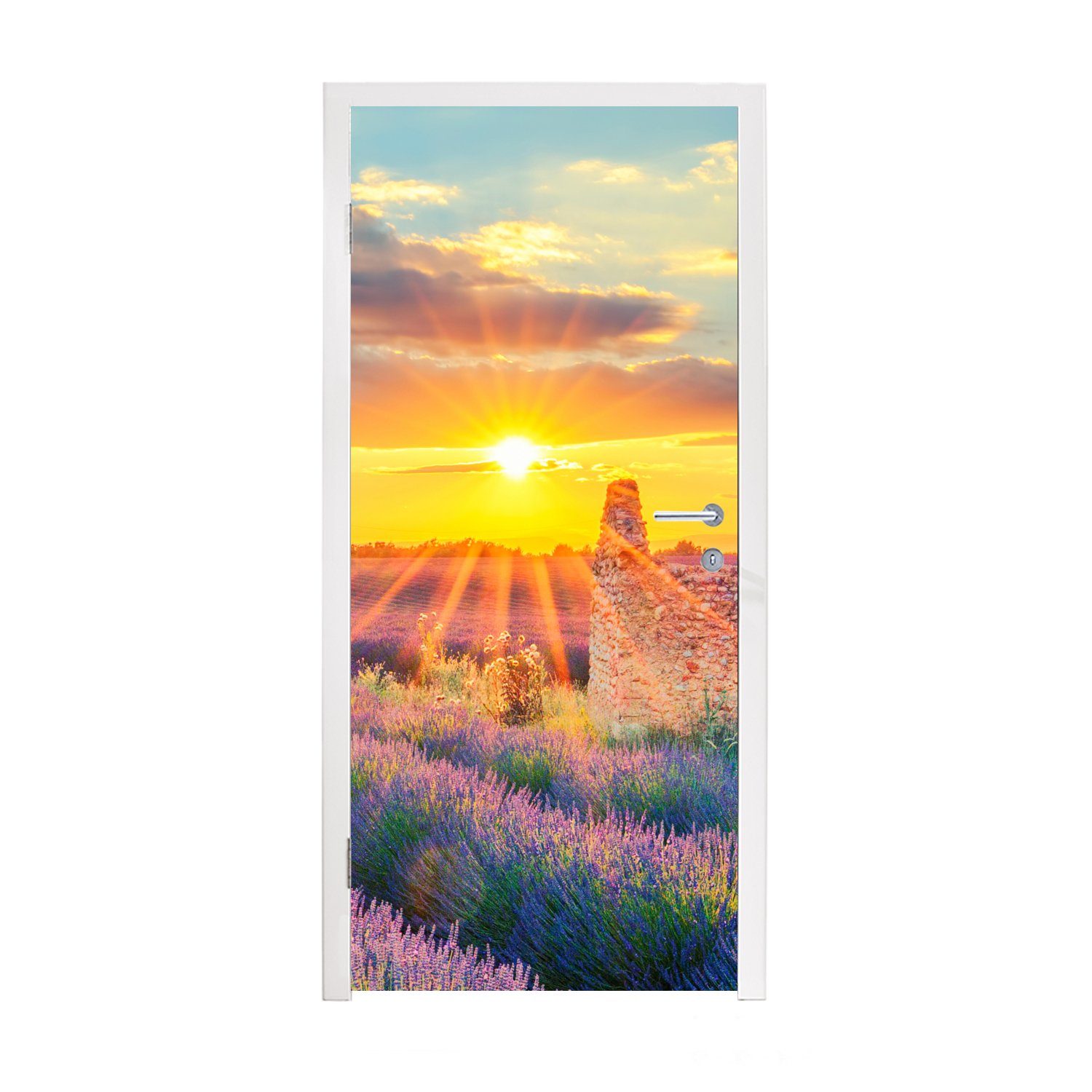 Türtapete bedruckt, - MuchoWow Sonnenuntergang (1 Matt, Lavendel Lila, Fototapete Ruine Türaufkleber, - für cm - 75x205 Tür, St),