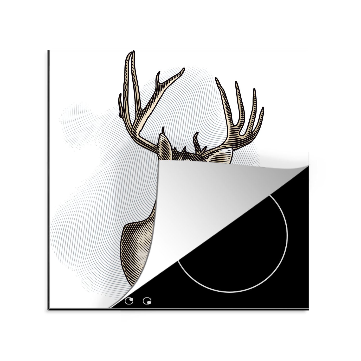 MuchoWow Herdblende-/Abdeckplatte Illustration eines Hirschkopfes mit großem Geweih, Vinyl, (1 tlg), 78x78 cm, Ceranfeldabdeckung, Arbeitsplatte für küche