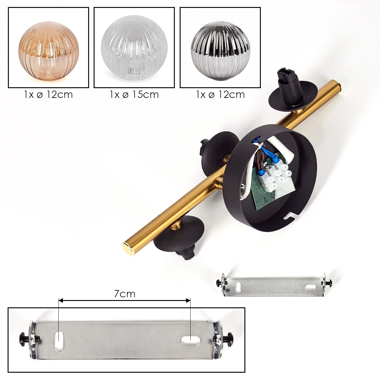 hofstein Deckenleuchte Deckenlampe aus Metall/Riffelglas in Schwarz/Gold/Rauch/Bernstein/Klar, ohne Leuchtmittel, Deckenleuchte im modernen Vintage-Design (Schirme Ø 12; 15 cm), 3 x G9