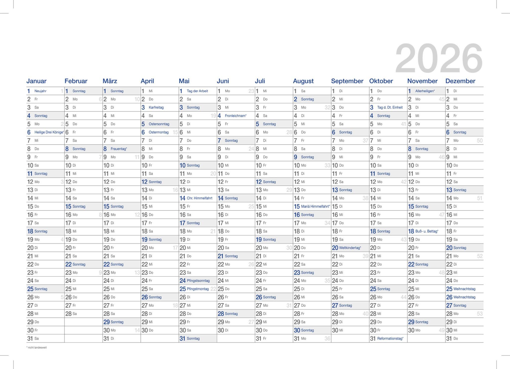 ADINA Wandkalender 2026 Adina Zehnjahres-Kalender A4 blau Querformat mit Spiralbindung