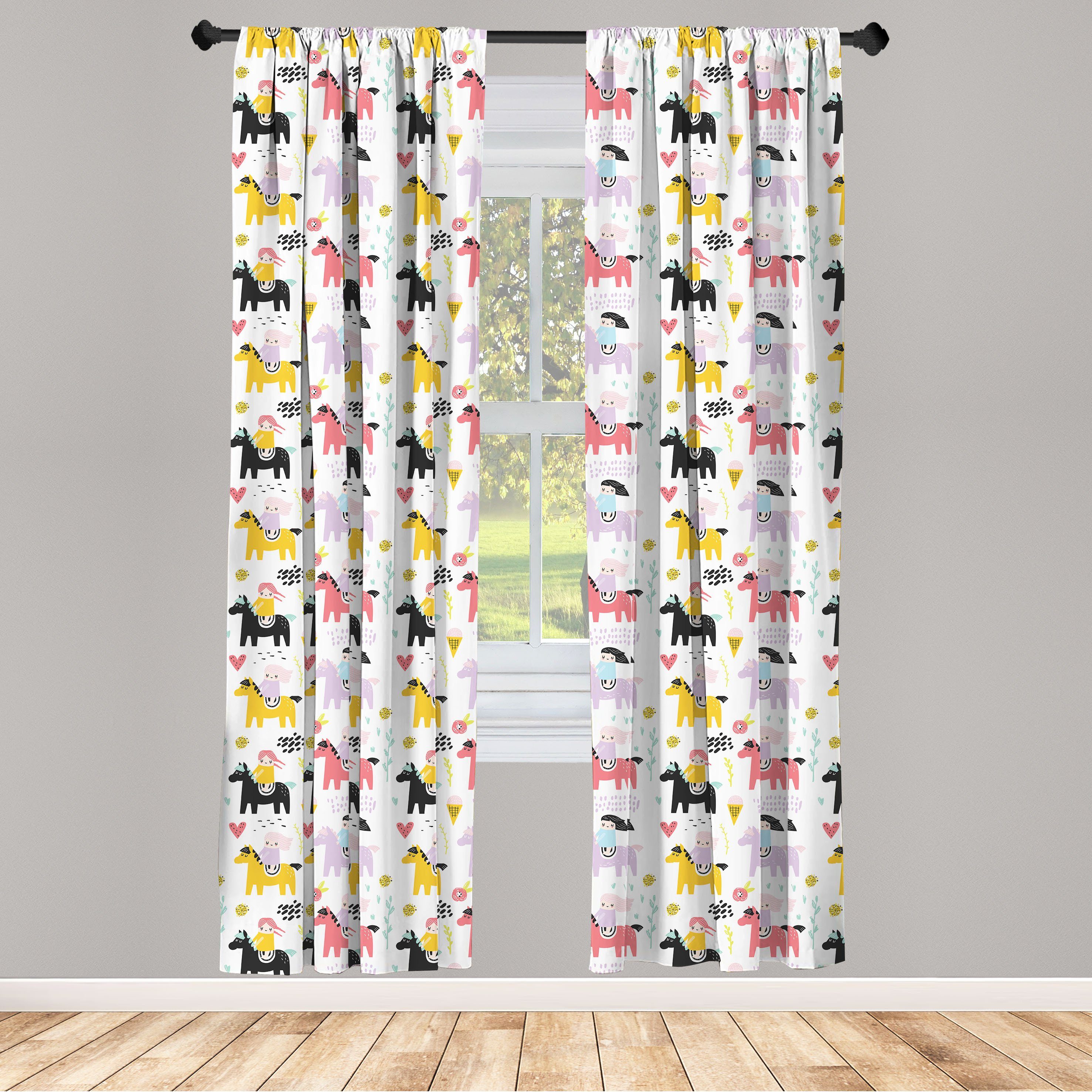 Gardine Vorhang für Wohnzimmer Schlafzimmer Reiten Abakuhaus, einem Kindisch Dekor, Mädchen Junges Microfaser, auf Pony