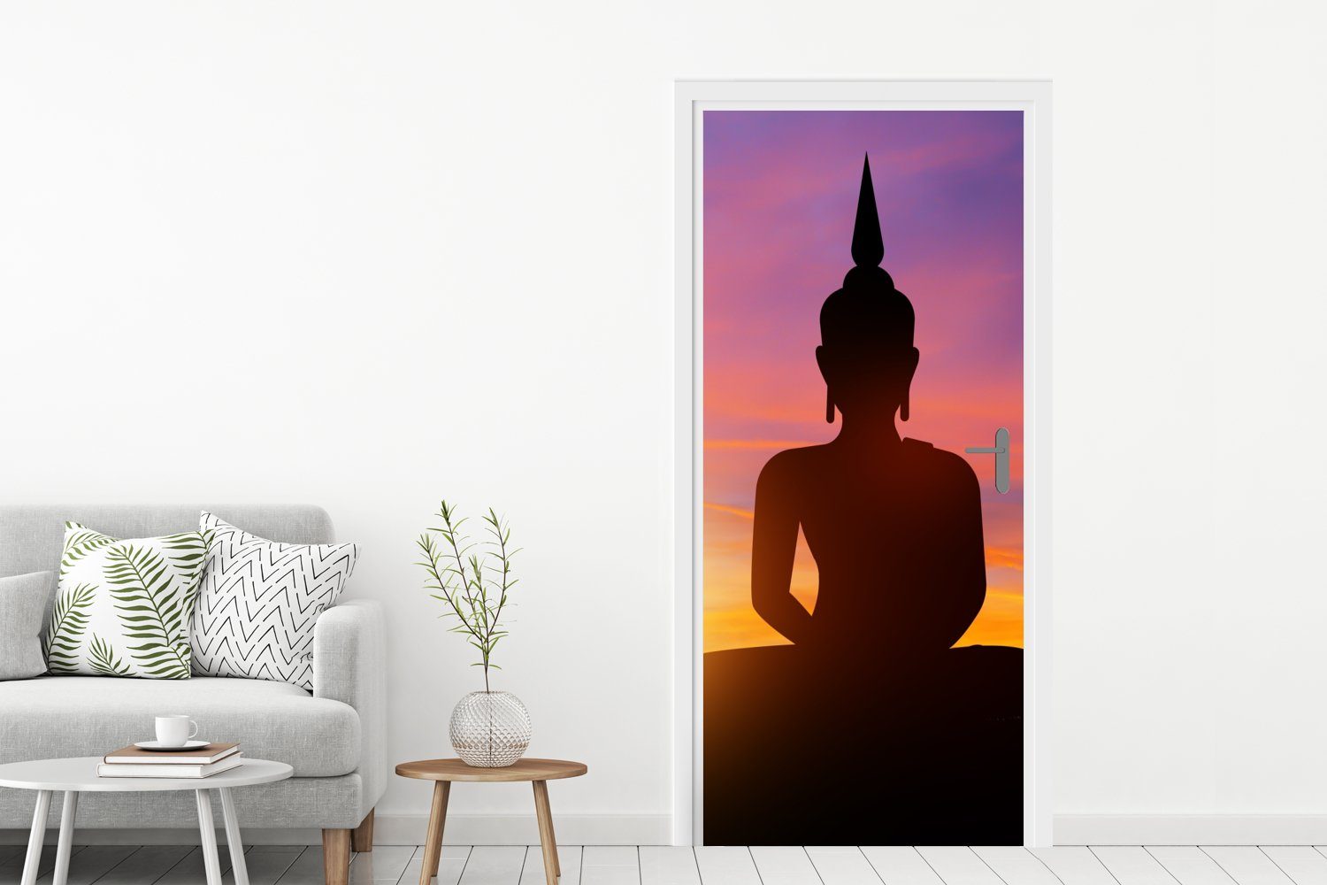 St), Buddha für Silhouette, - 75x205 cm Türaufkleber, - MuchoWow Horizont - Fototapete Sonnenuntergang bedruckt, Türtapete Tür, (1 - Matt, Buddha-Statue