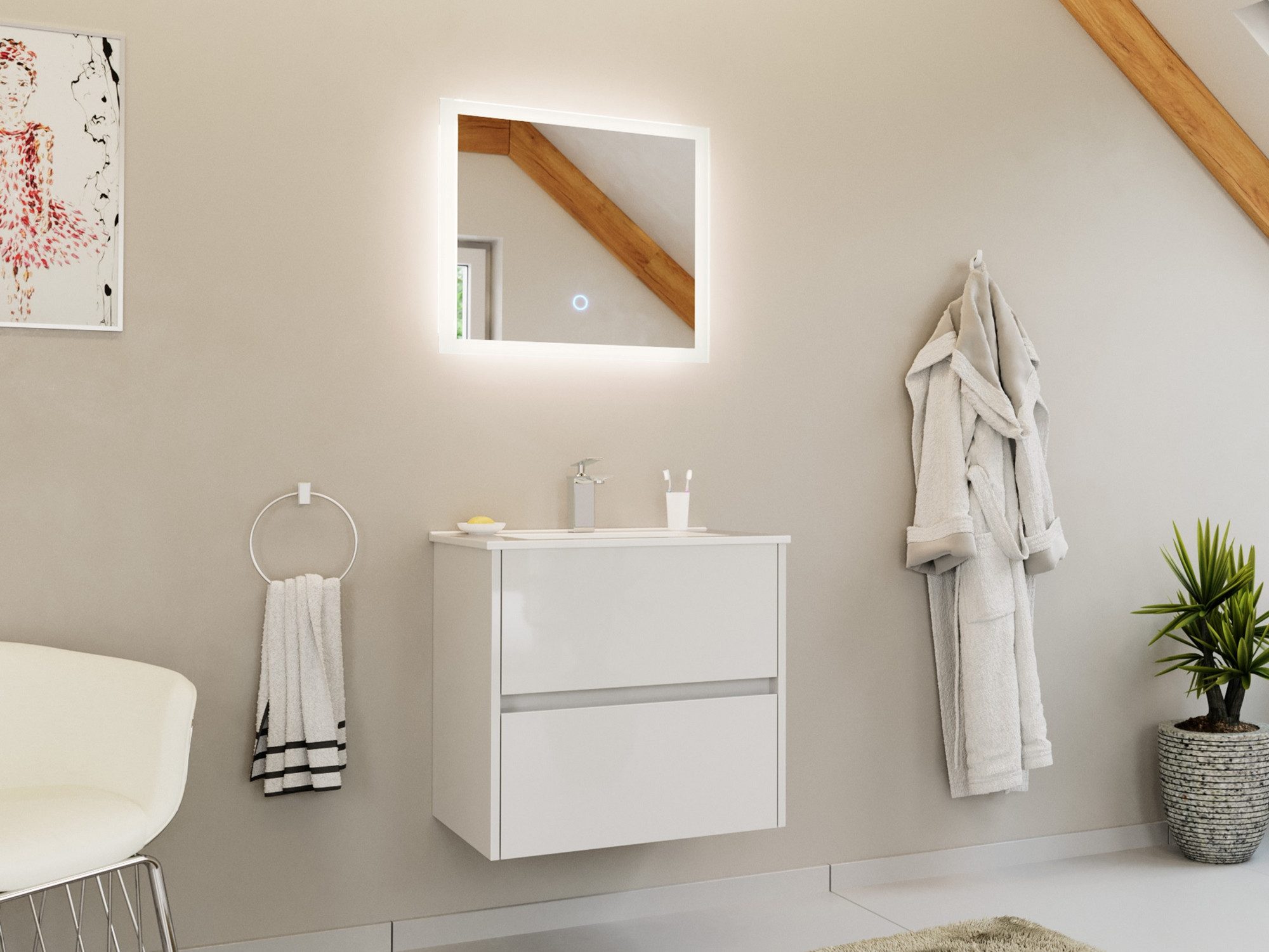 Posseik Badmöbel-Set Badmöbelset 2-teilig "Limes 60" Waschplatz & LED Spiegel Weiß HG