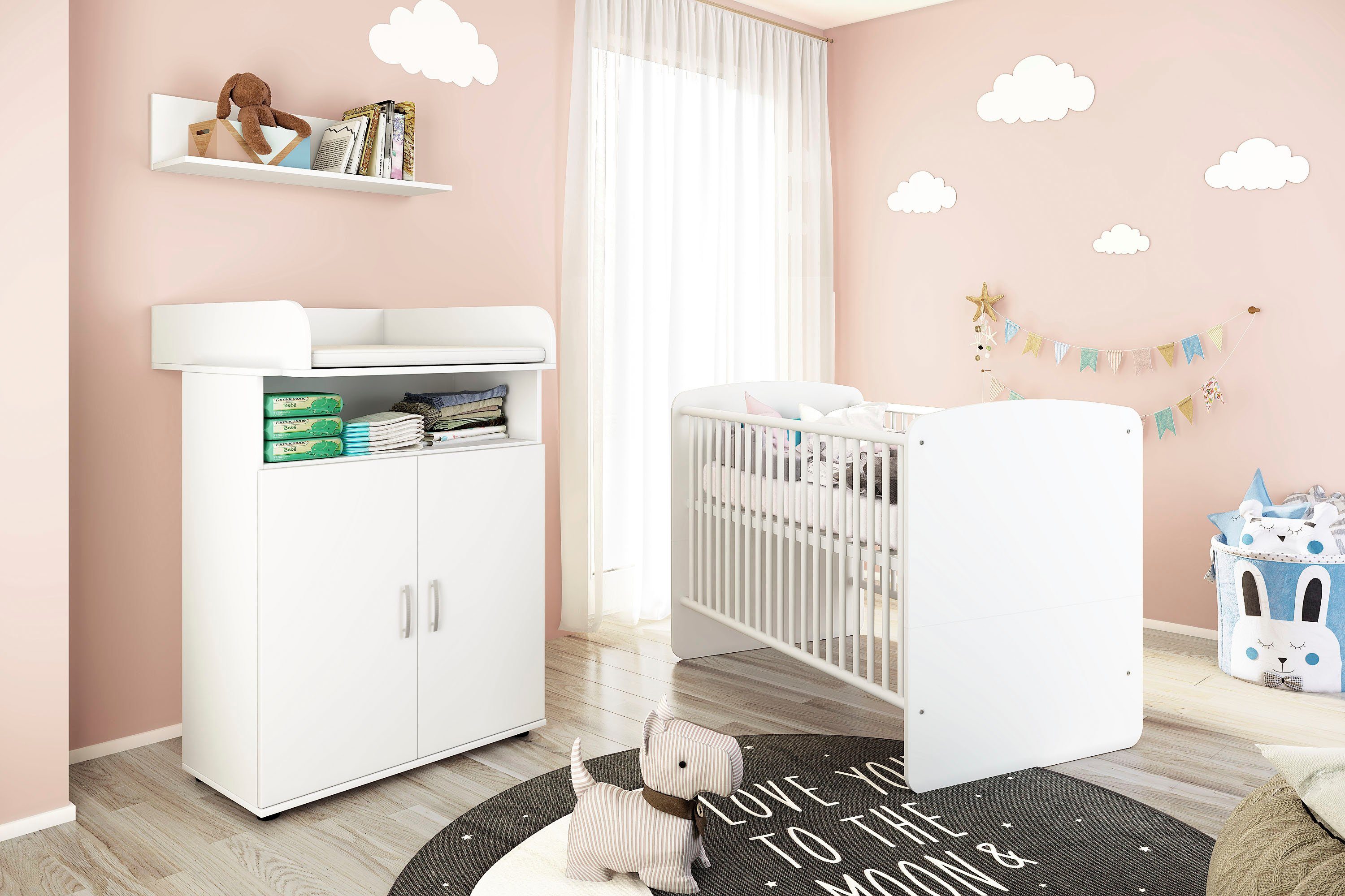 Lüttenhütt Babymöbel-Set, (Set aus: Weiß Wandboard), x Babybett cm, Kommode, Babyzimmer 140 140 cm, LF 70 70 x Wickelaufsatz, Komplettes Set wahlweise Farbausführungen 3