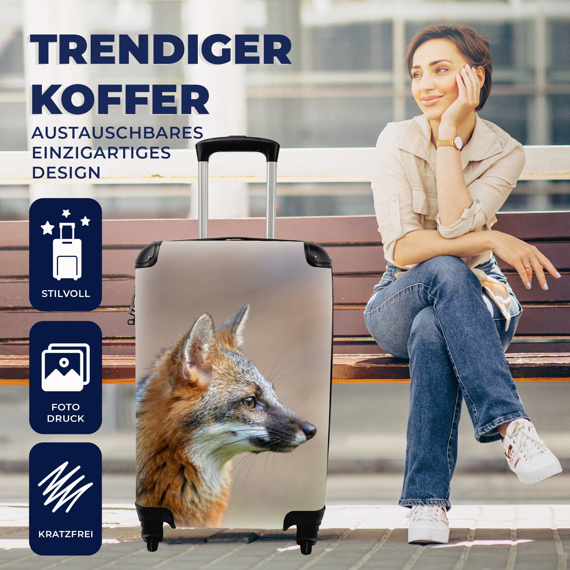 Reisetasche für Handgepäck Braun, Rollen, Ferien, Trolley, MuchoWow Makro Fuchs 4 rollen, Handgepäckkoffer Reisekoffer - mit -