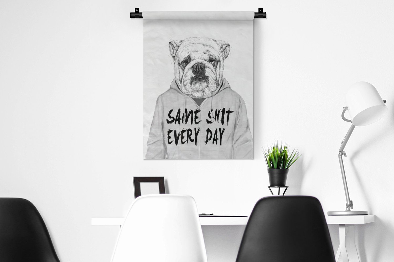 Schlafzimmer - Tapisserie, Wanddekoobjekt Hund Pullover Wand, MuchoWow - an Deko für Wohnzimmer, Zitat - Weiß, der