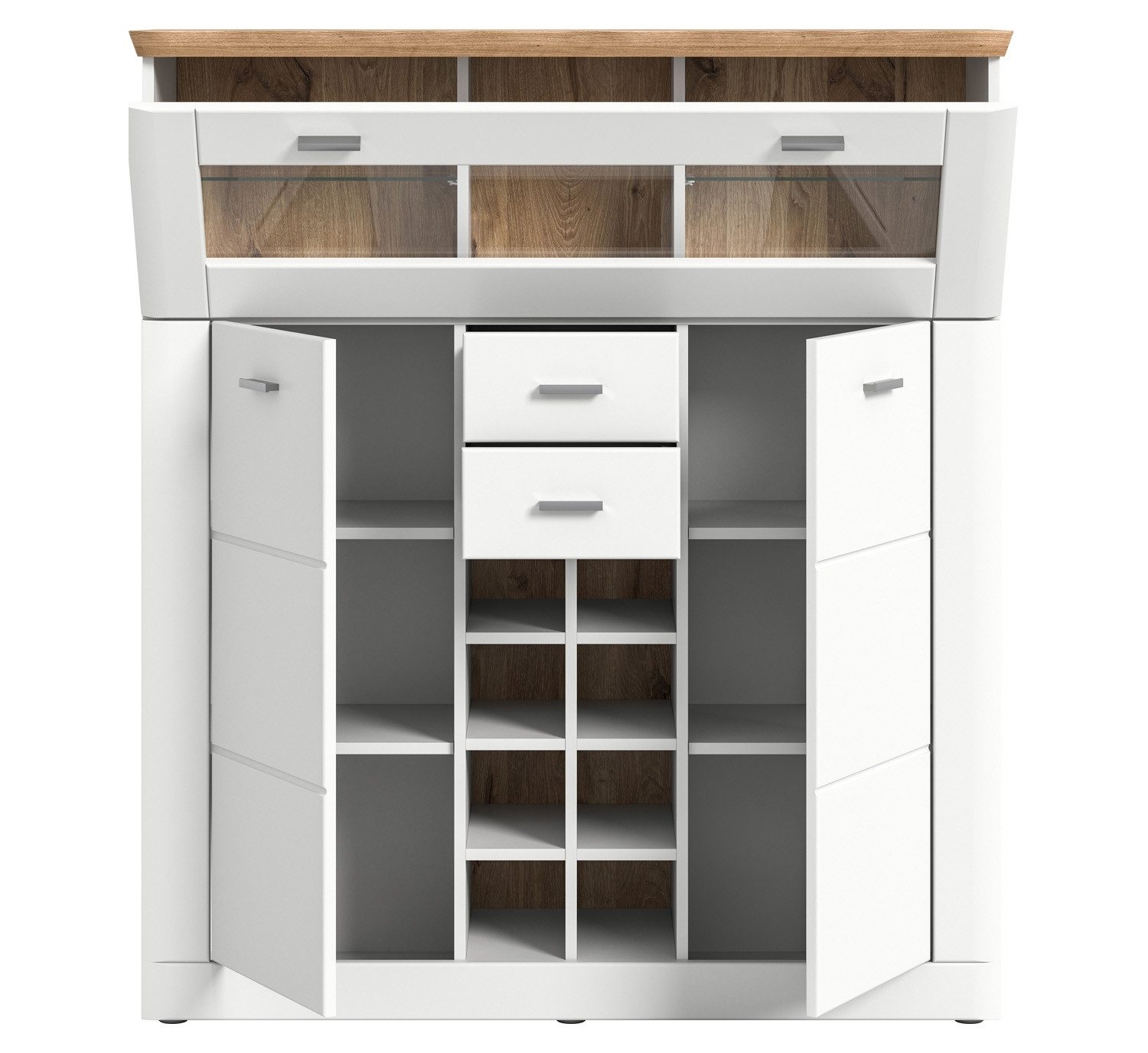 xonox.home Barschrank MODERN TIMES, Nox Eiche Dekor, Weiß matt, 2 Türen, 2 Schubladen, 1 Klappe, 8 Flaschenfächer, B 124 x H 140 x T 37 cm