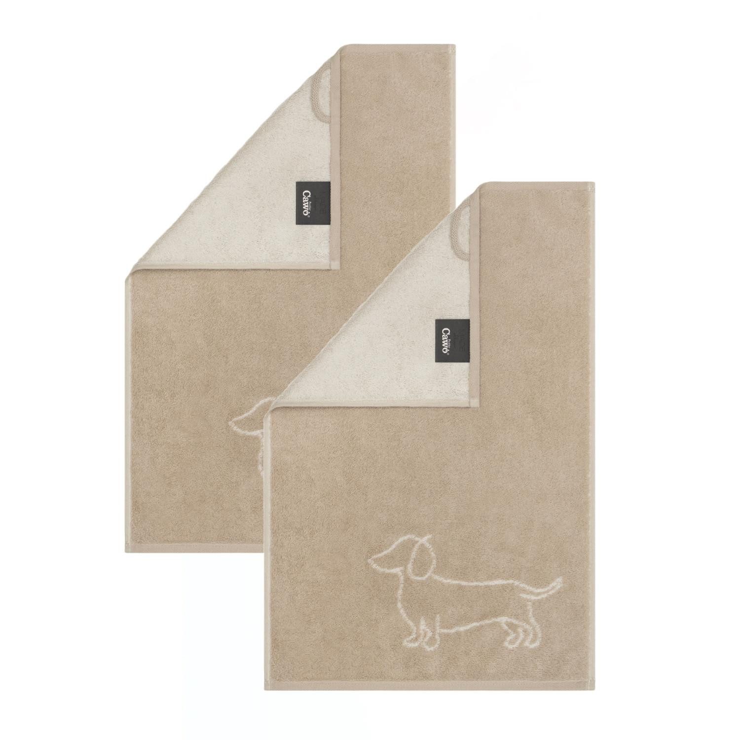 Cawö Handtuch 2 Stück Cawö We love Dogs Gästetücher 6248-33 Dackel Natur 30x50, Walkfrottier (Spar-Set, 2-St), 100% Baumwolle