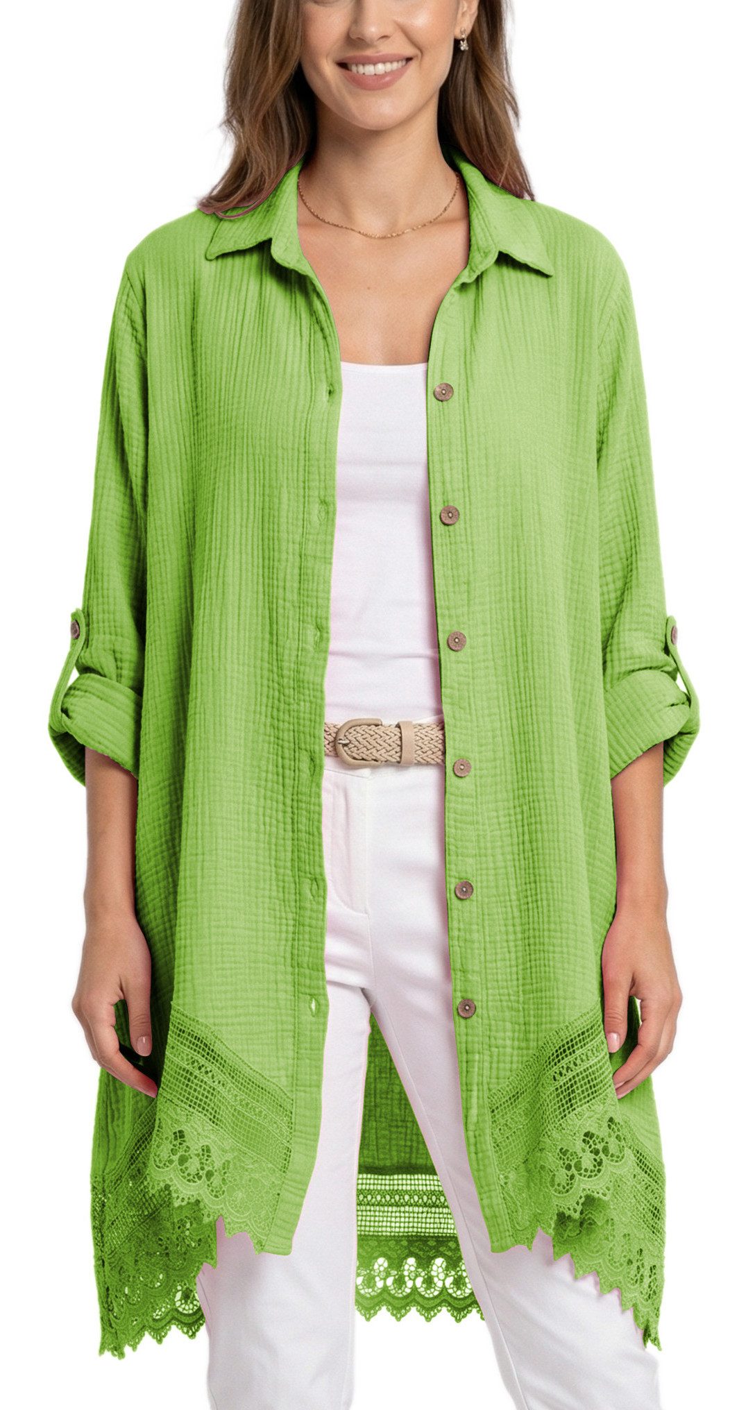 dy_mode Longbluse Damen Oversized Longbluse Musselin Tunika HemdbluseBlusenkleid in Unifarbe, dekorativem Häkel-Saum, Oversize-Passform
