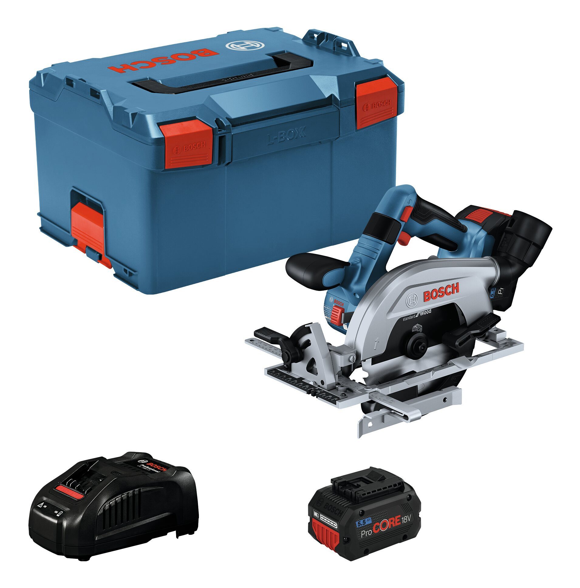 BOSCH Akku-Handkreissäge GKS 18V-57-2 L, Kreissäge mit 2x Akku ProCORE 5,5 Ah - in L-BOXX 238