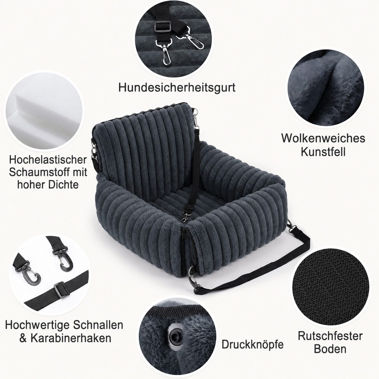 AIMAX Hunde-Autositz 48 × 48 × 38 cm für kleine bis mittlere Hunde, Waschbarer Hundesitz Auto mit Griff, 2-in-1 Hundebett, Grau