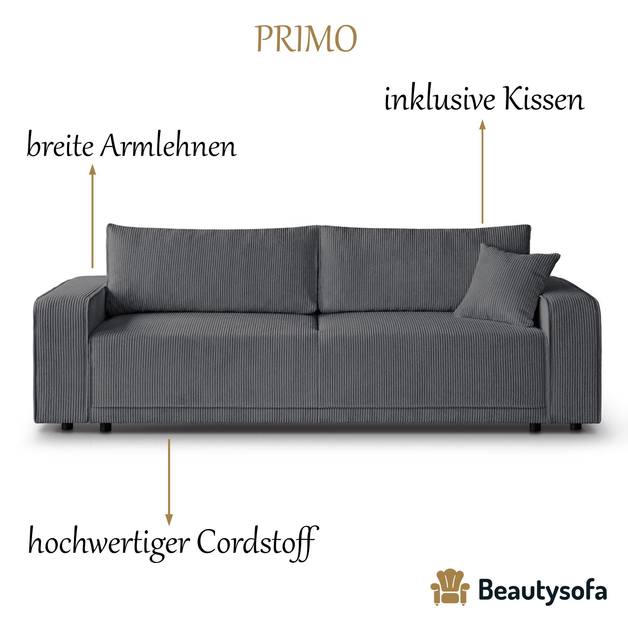 Beautysofa Schlafsofa PRIMO, modernes Schlaffunktion, (poso breite Bettkasten, Dunkelgrau 34) Design Armlehnen Wellenfedern, Sofa