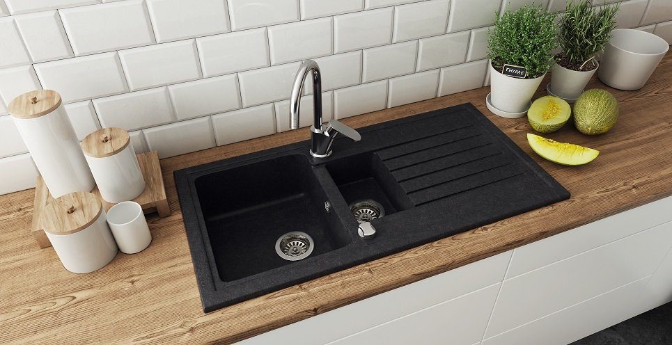 Faizee Furniture Granite Sink, Kitchen Sink with Siphon and Pull-Out Faucet, Black, Square