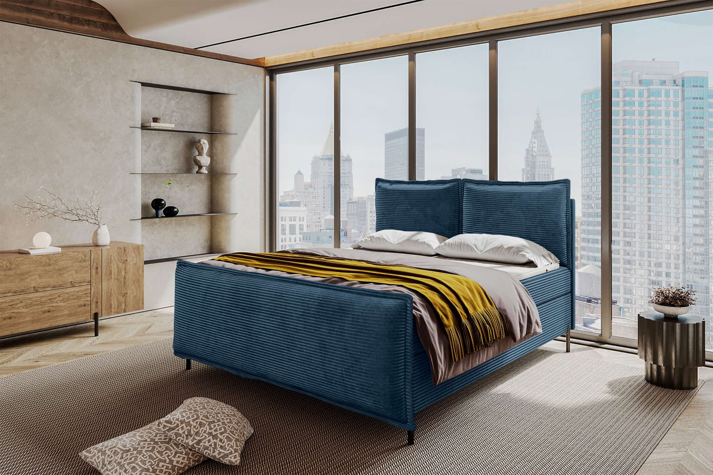 99rooms Boxspringbett Vero (Schlafzimmerbett, Bett), 140/160/180/200x200 cm, in Cord POSO, mit Topper, Bettkasten