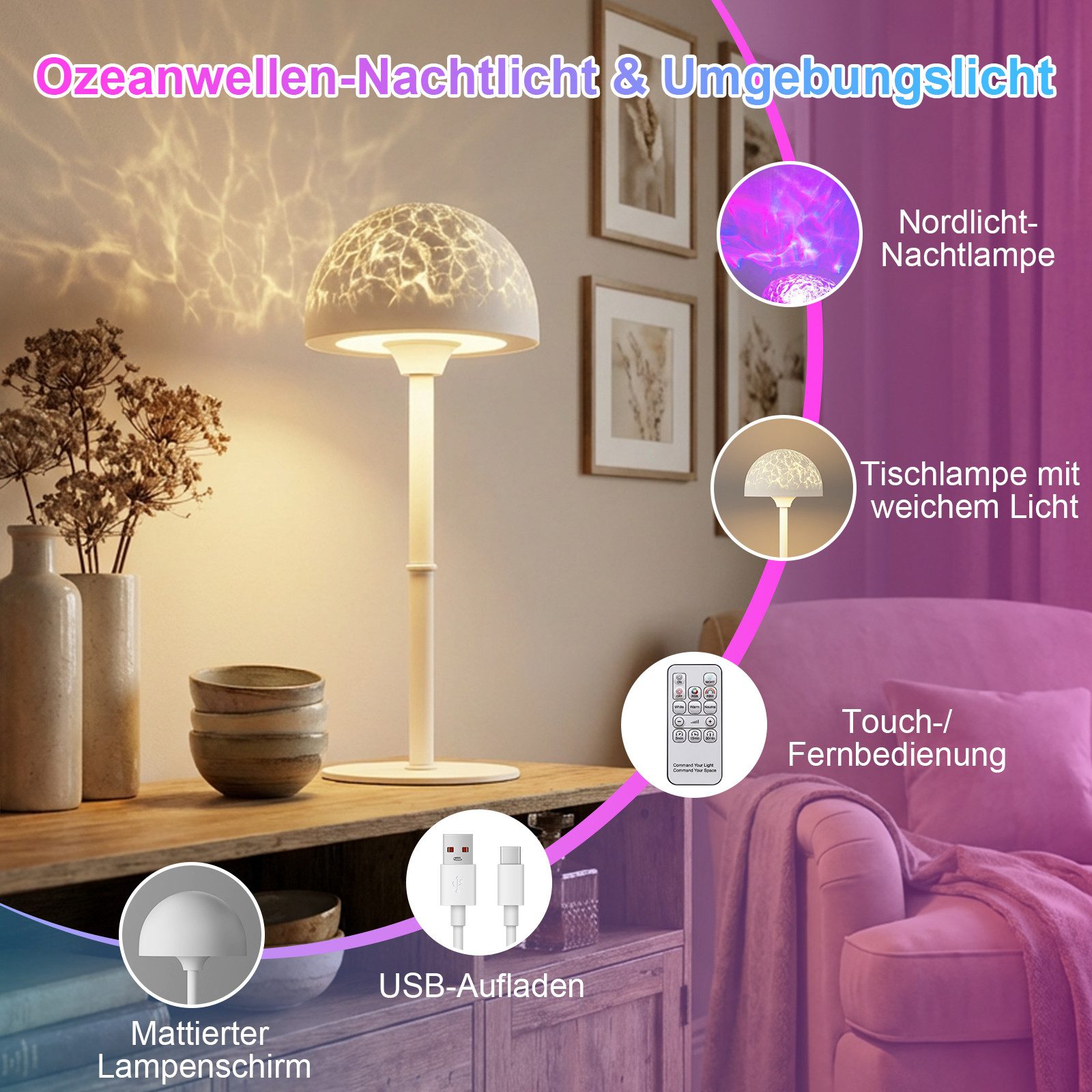 Lapalife Nachttischlampe Projektor RGB Ozeanwellenprojektor, Akku Tischlampe Kabellos, LED fest integriert, Mit Touch & Fernbedienung,für Schlafzimmer,Dusche/Badewanne im Inneren