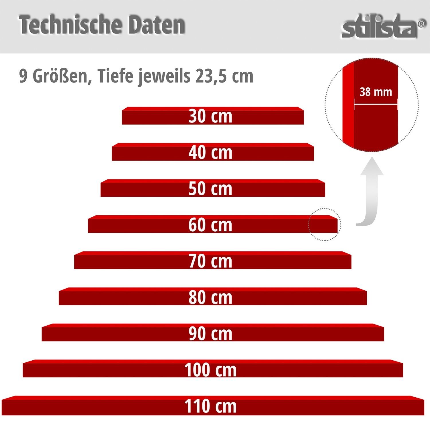 Schweberegal cm, 110 Volato, Länge 14 Wandregal STILISTA Farbvarianten, Bücherregal, Stärke 30 Regal, 3,8 cm - Küchenregal Rot Wandboard