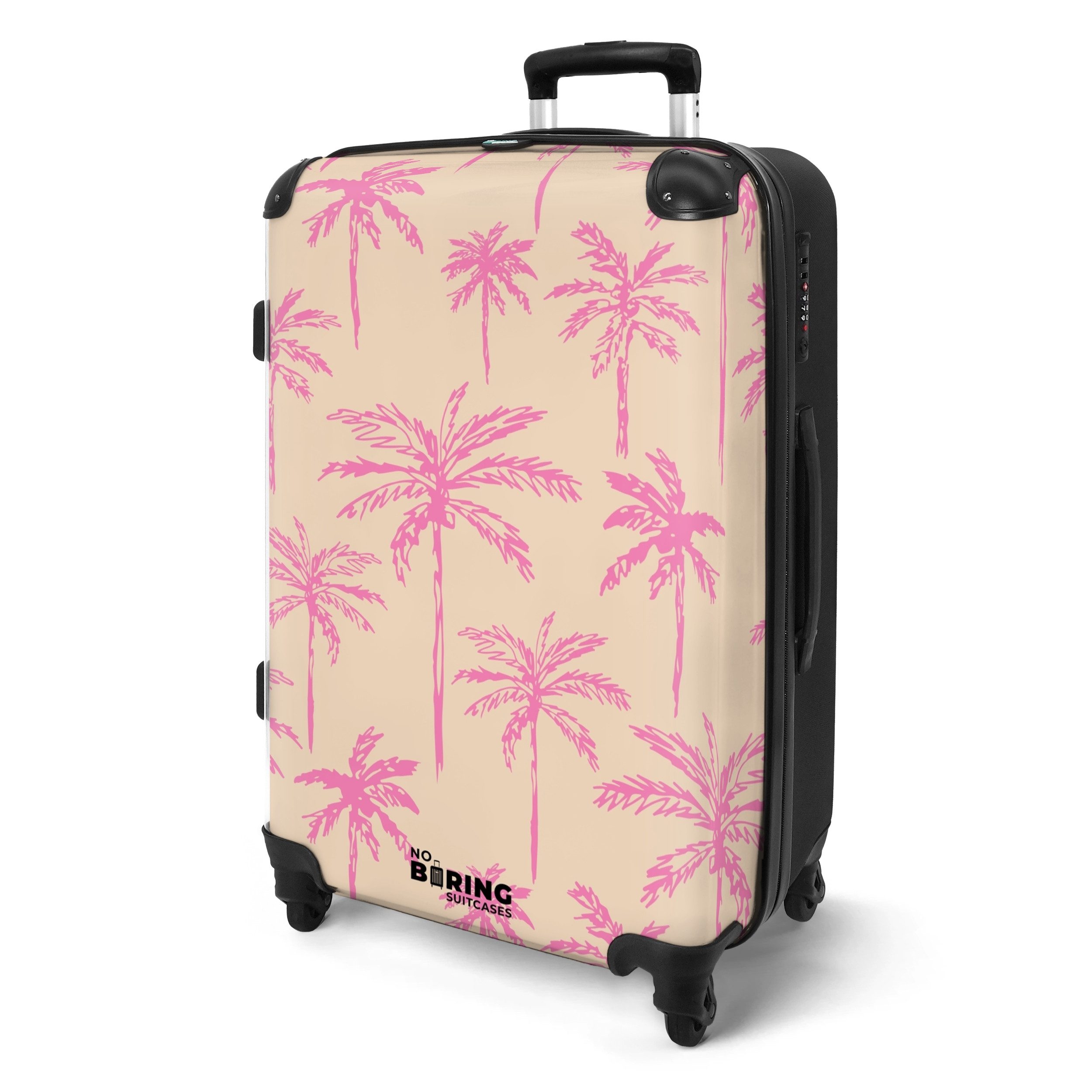 NoBoringSuitcases.com© Hartschalen-Trolley Beige mit rosa Palmen günstig online kaufen