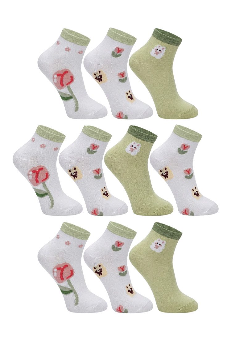 Yuhu Sneakersocken Damen Sneaker-Socken 10er Pack Hase Blumen Ostern (10-Paar)