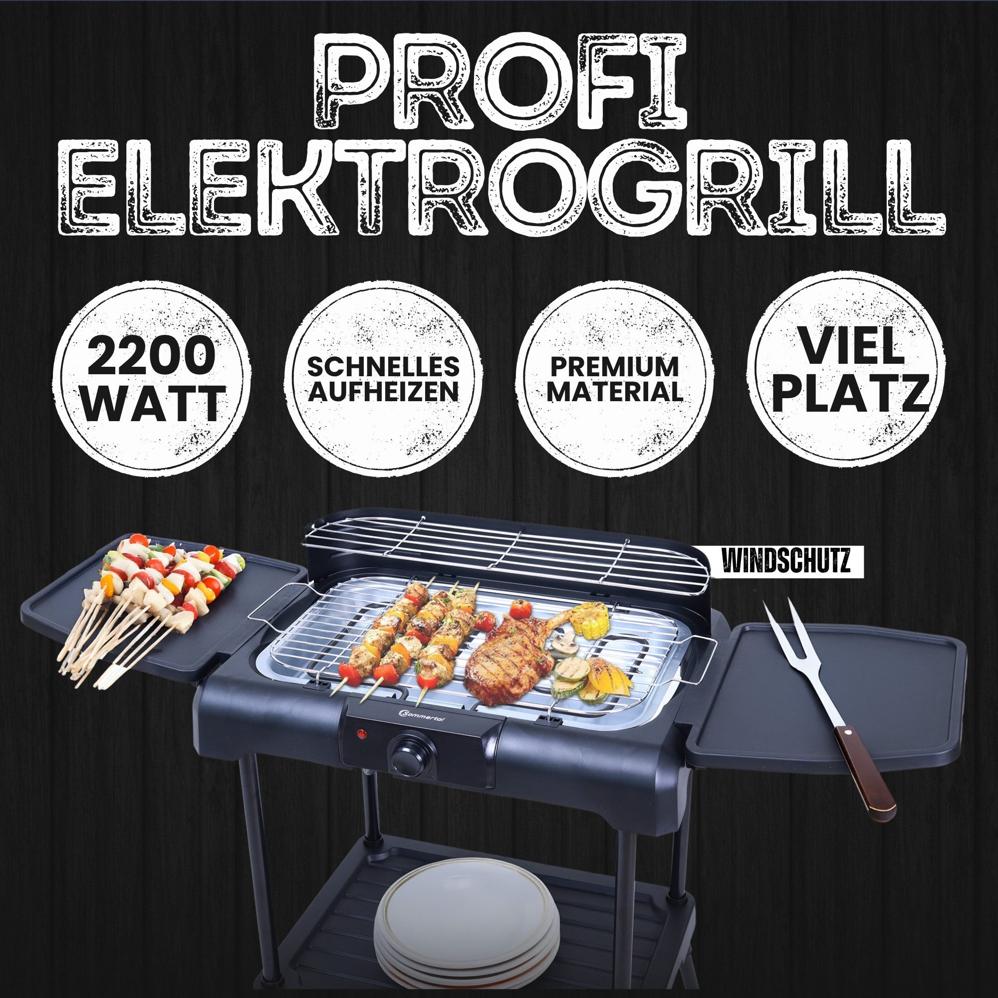 Sommertal Elektrogrill BBQ231 Elektrogrill Balkongrill 2200W Camping Grill, 2200 W, 2in1 Tischgrill mit Standfuß Stufenloser Temperaturregler