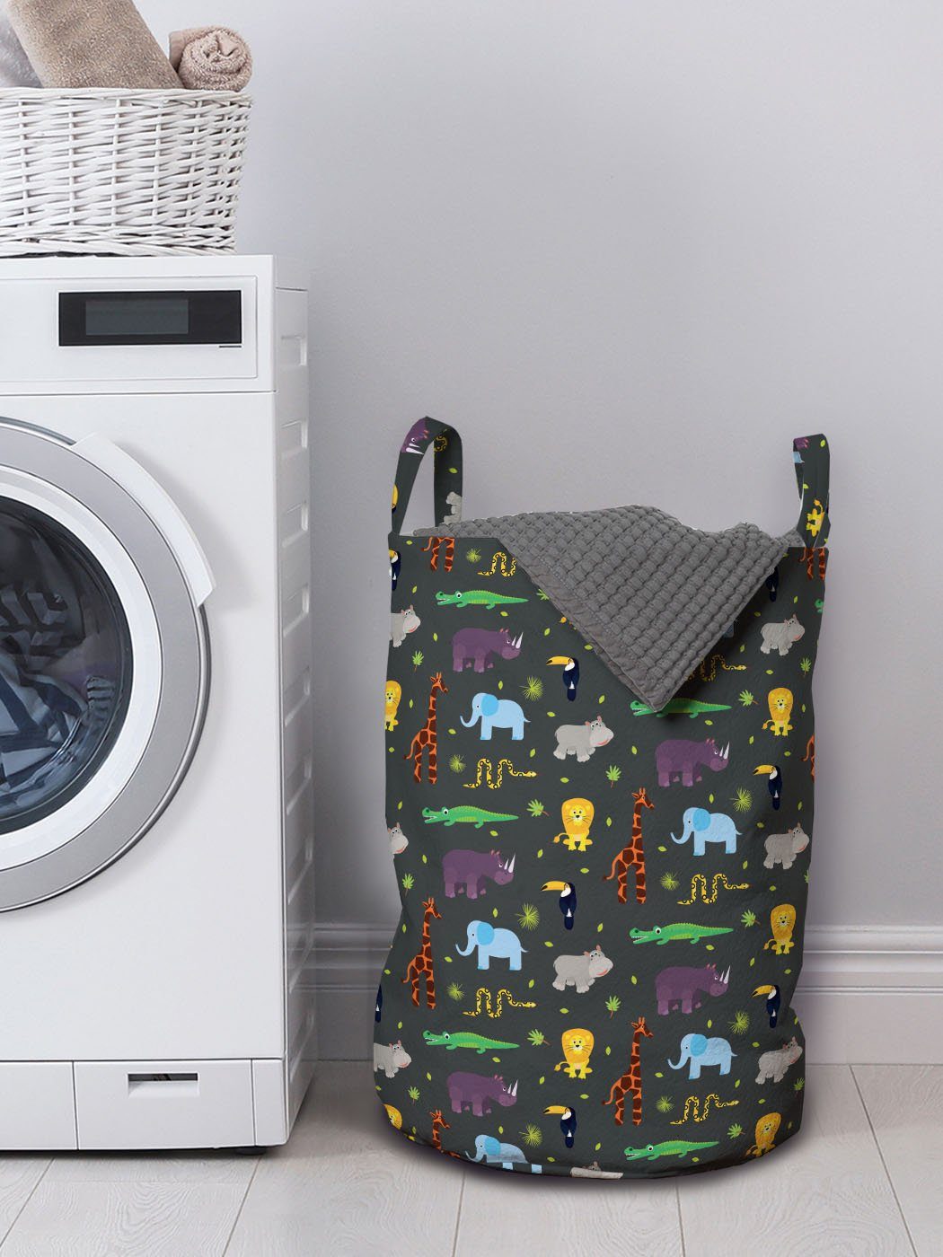 Wäschekorb Kordelzugverschluss für Kindergarten Griffen Waschsalons, mit Illustration Abakuhaus Glückliche Wäschesäckchen Tiere