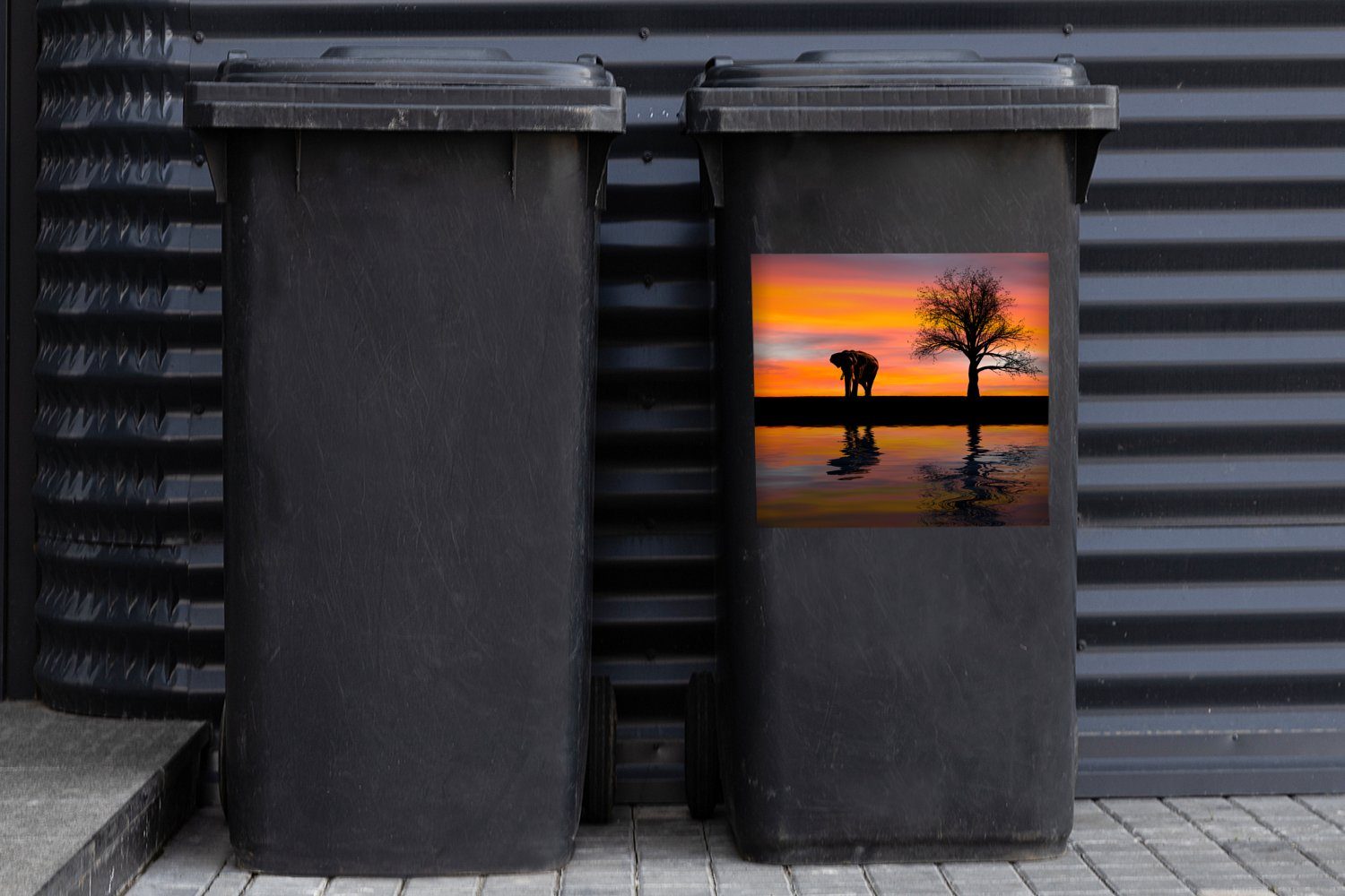 und Wandsticker Container, (1 Sonnenuntergang St), Abfalbehälter Mülltonne, Mülleimer-aufkleber, Sticker, MuchoWow Elefant