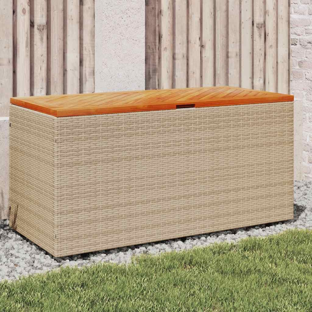 furnicato Gartenbox Gartentruhe Beige 110x50x54 cm Poly Rattan Massivholz, UV-beständige Kissenbox mit Gasfeder und wasserfestem Innenbeutel