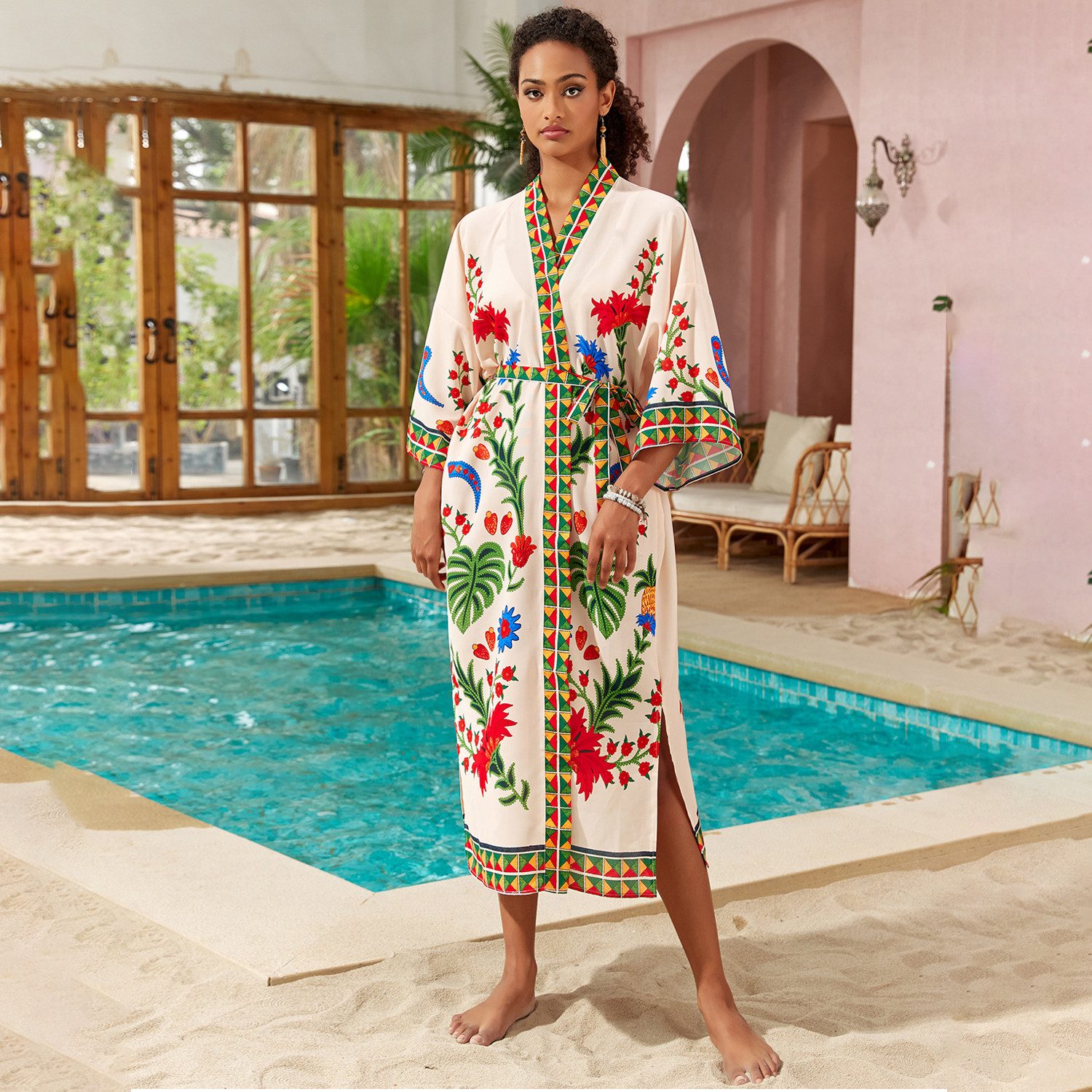MOPUEA Druckkleid Strandkleid Boho Sonnenschut Bikini Cover Up flexibler Gürtel