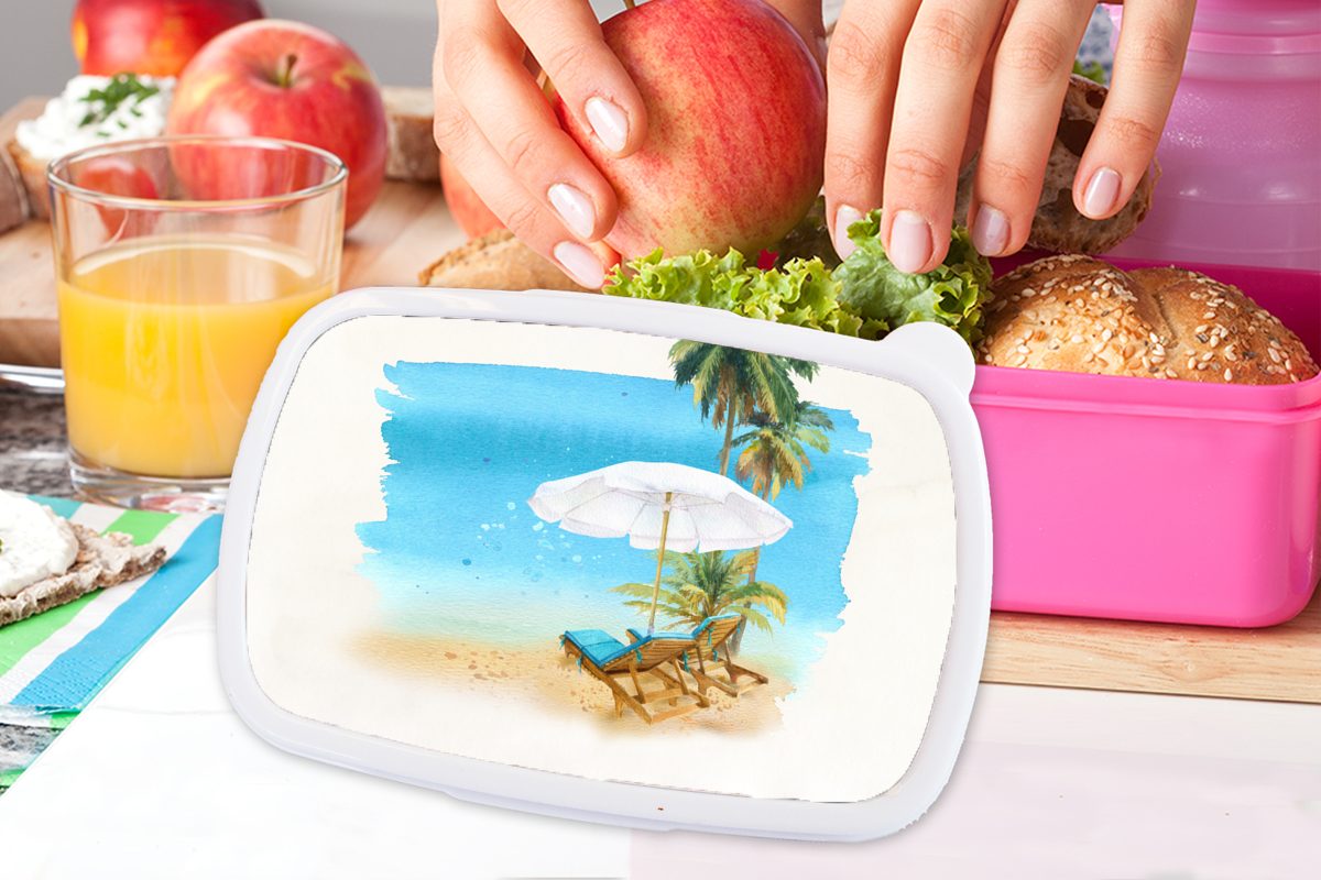 MuchoWow Lunchbox Strandkorb - Sonnenschirm (2-tlg), Erwachsene, für Kinder, Brotdose Wasserfarben, Snackbox, - Kunststoff, Kunststoff Mädchen, Brotbox - rosa Palmen