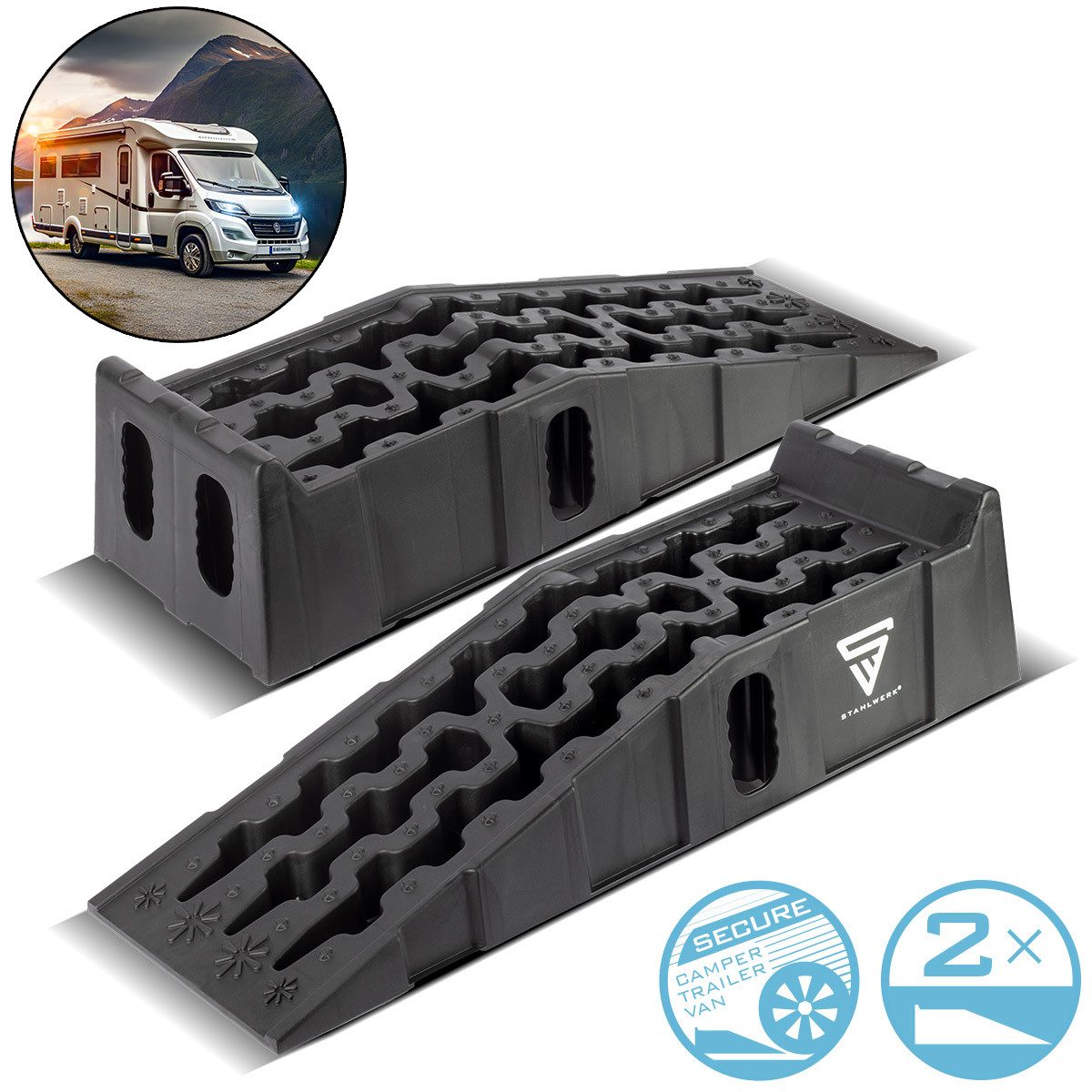 STAHLWERK Auffahrrampe Stufenkeil 2er Set 6 t Auffahrkeil Unterlegkeil Wohnmobil Auffahrrampe