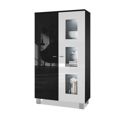 Vladon Standvitrine Denjo (Standvitrine, mit 2 Türen und 3 Glaseinsätzen) Schwarz matt&glänzend/ Weiß glänzend mit Beleuchtung (71x129x35 cm)