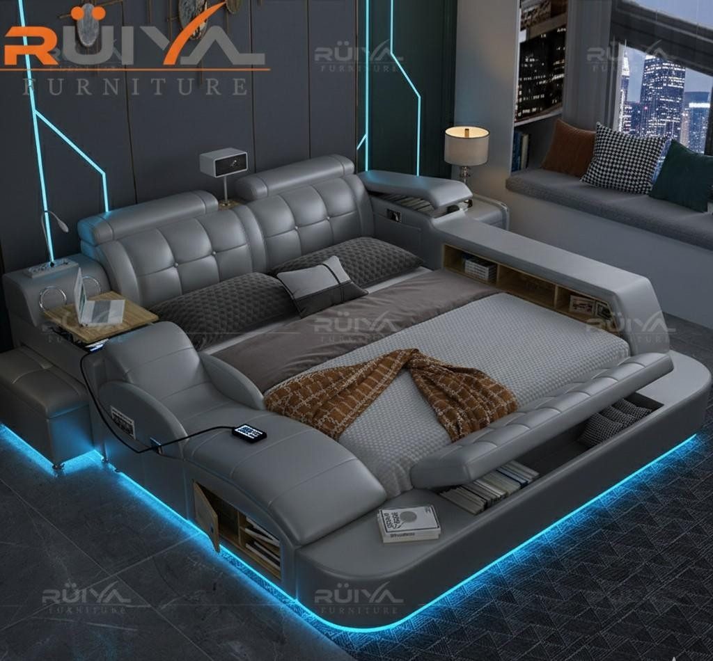 JVmoebel Multimediabett Multifunktionales Bett Moderner Stil Beigefarben Holzrahmen Weich (2-tlg)