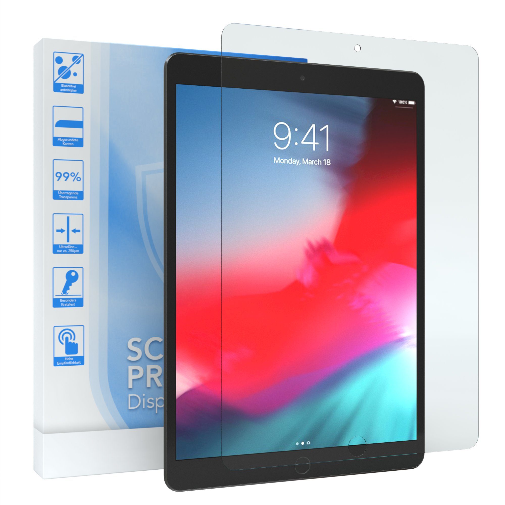 EAZY CASE Schutzfolie Schutzglas für Apple iPad Air 3. Generation 2019, 10,5 Zoll Panzerglas Displayfolie Tabletschutz Glasfolie Kratzschutz