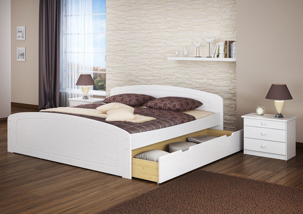 3 ohne ERST-HOLZ Doppelbett Bettkästen Kieferwaschweiß Rost, Bett + weiß Kiefer 200x200