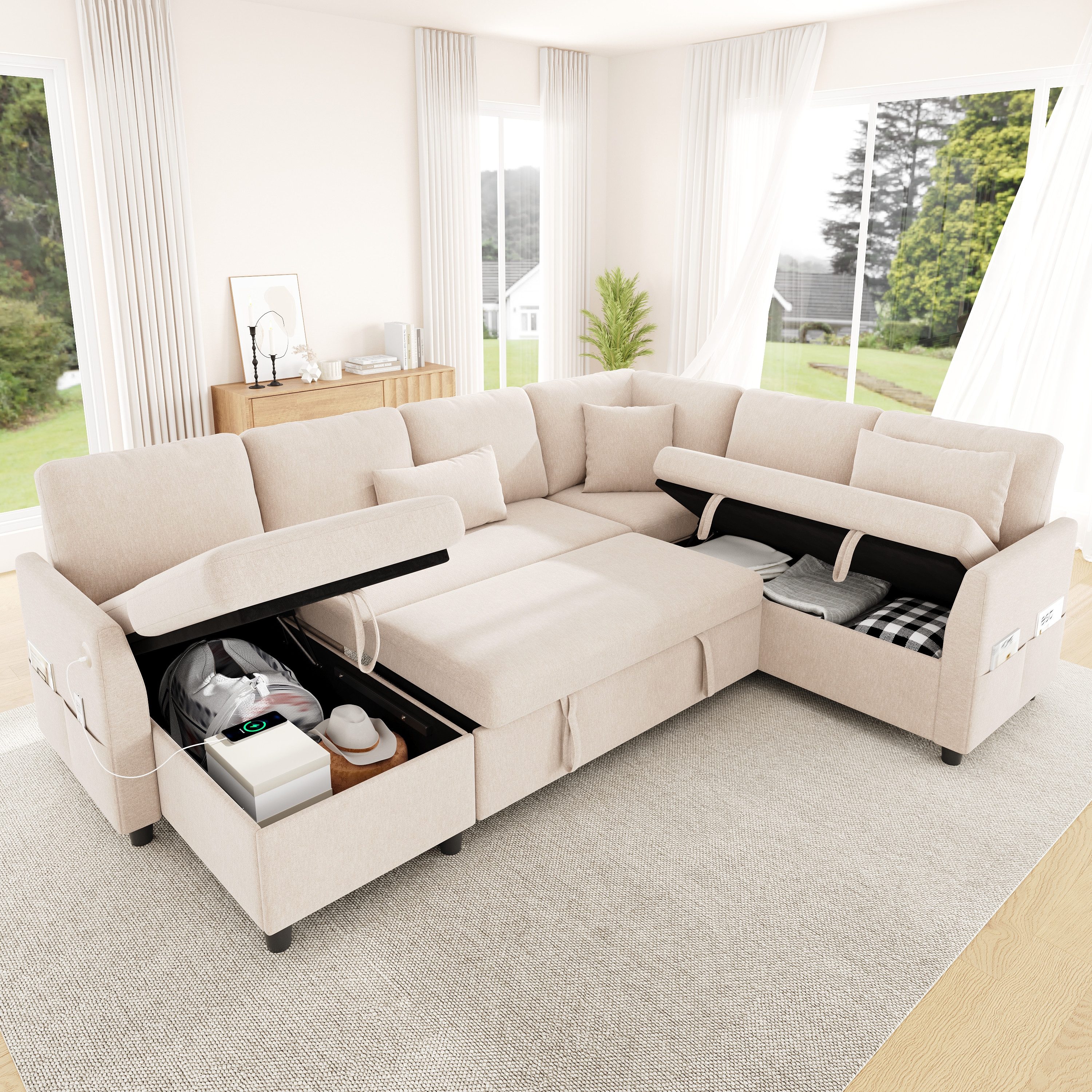 Merax Ecksofa mit Schlaffunktion, Eckcouch mit Chaiselongue, ausziehbares Schlafsofa, links/rechts montierbar, 255 x 196 x 85 cm 1 Teile, L/U-Sofa mit verstecktem Stauraum,USB & Type-C, Seitentaschen,3 Kissen