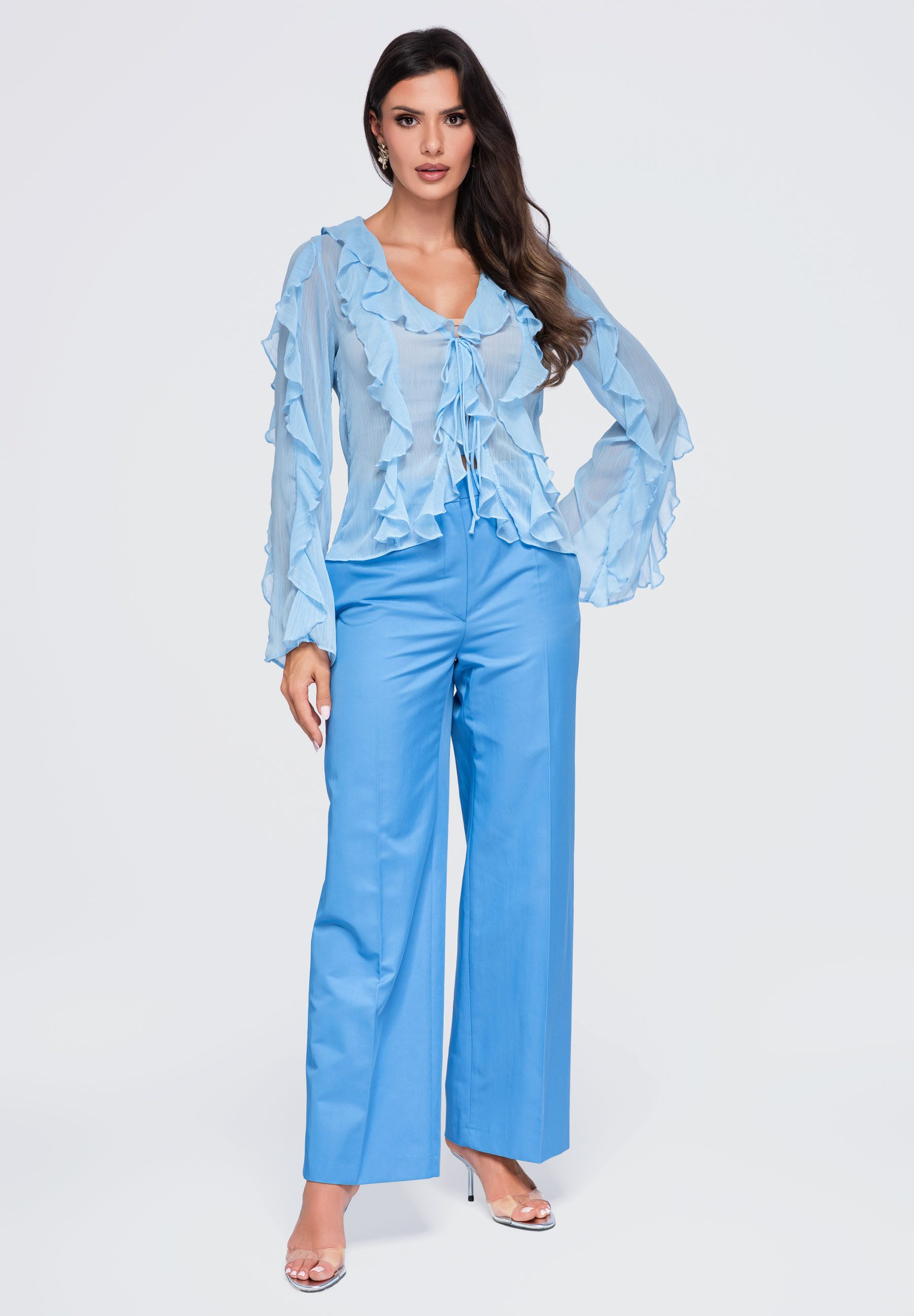 OMBRE Hemdbluse Damen Bluse mit V-Ausschnitt und Rüschen Blau L (kein Set, 1-tlg) Volantkragen