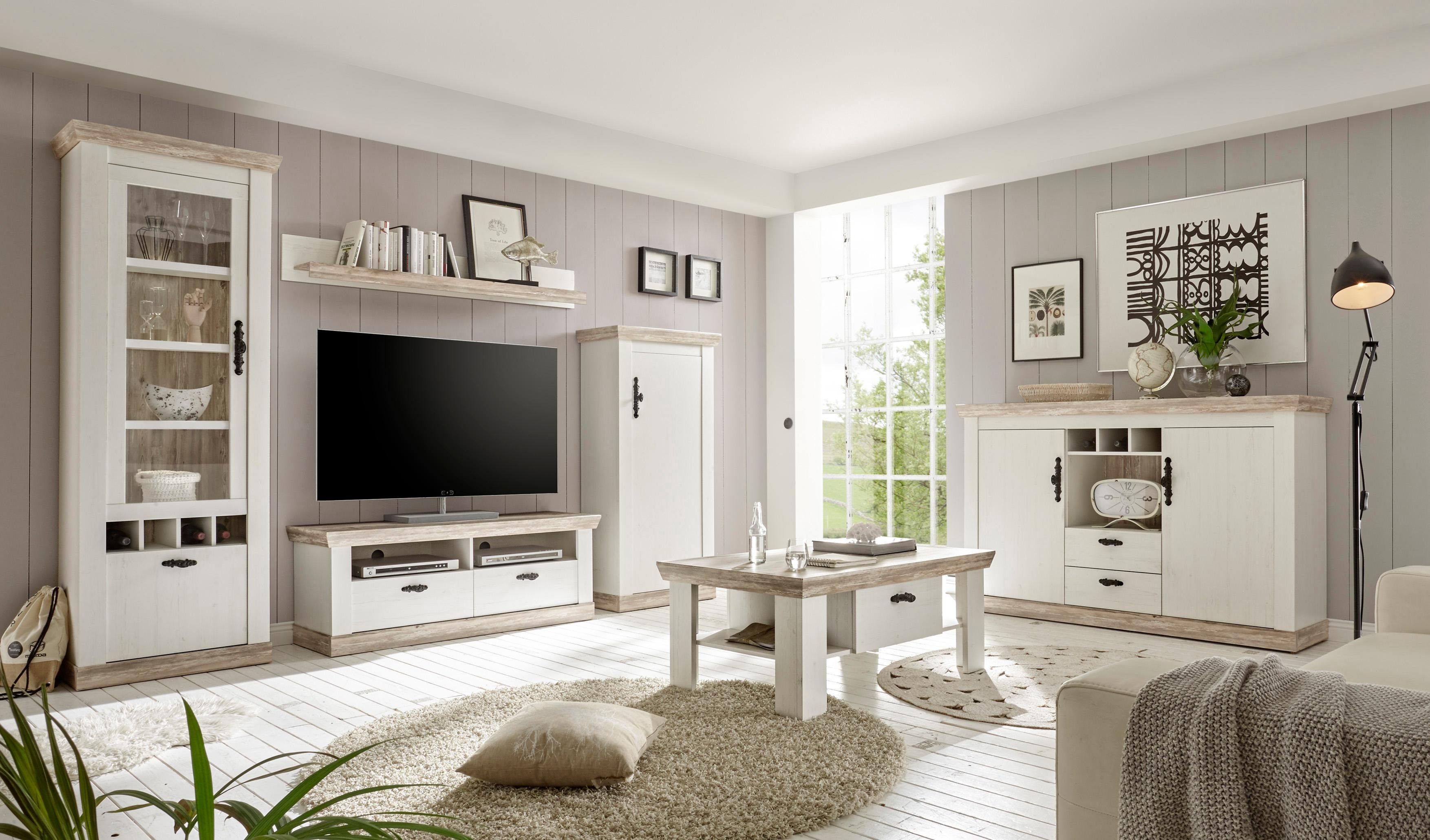 Home affaire Wohnwand Florenz, Anbauwand im Landhausstil, Komplettset mit Metallgriffen, (Set, 4-St), enthält Vitrine, Lowboard, Kommode und Wandboard, 296 cm breit
