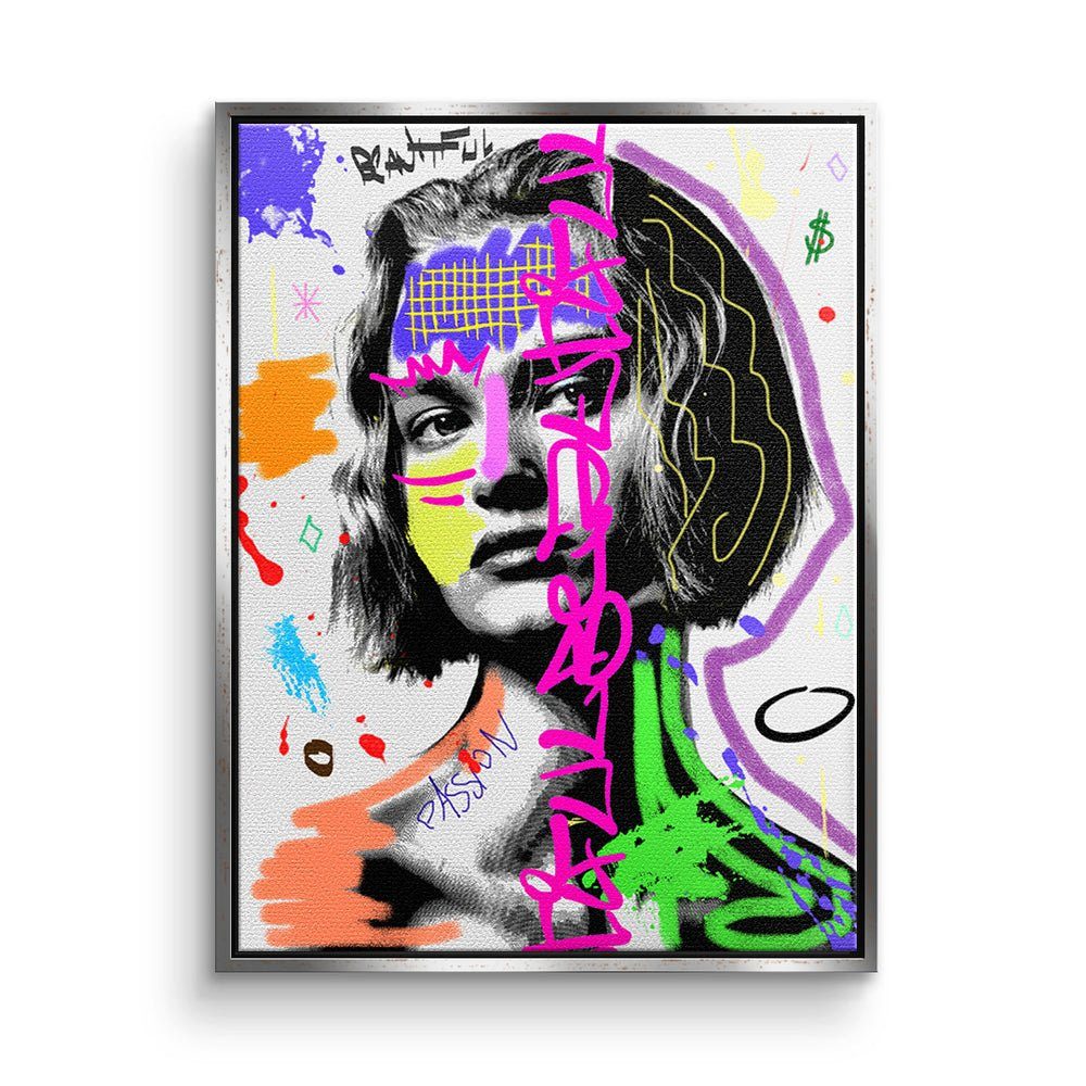 DOTCOMCANVAS® Leinwandbild, Leinwandbild Pop Art Graffiti Lady Power weiß mit premium Rahmen silberner Rahmen