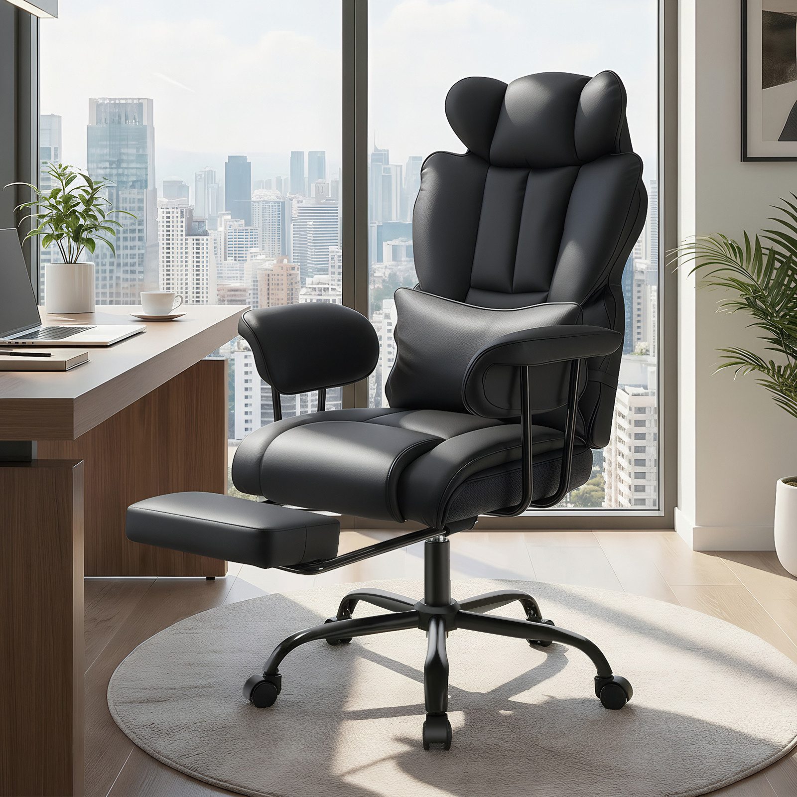 oyajia Chefsessel Ergonomischer Bürostuhl, Höhenverstellbar Schreibtischstuhl (Bürostuhl 200 kg mit Fußstütze und Lendenwirbelstütze), 135° neigbar, für Wohnzimmer, Büro