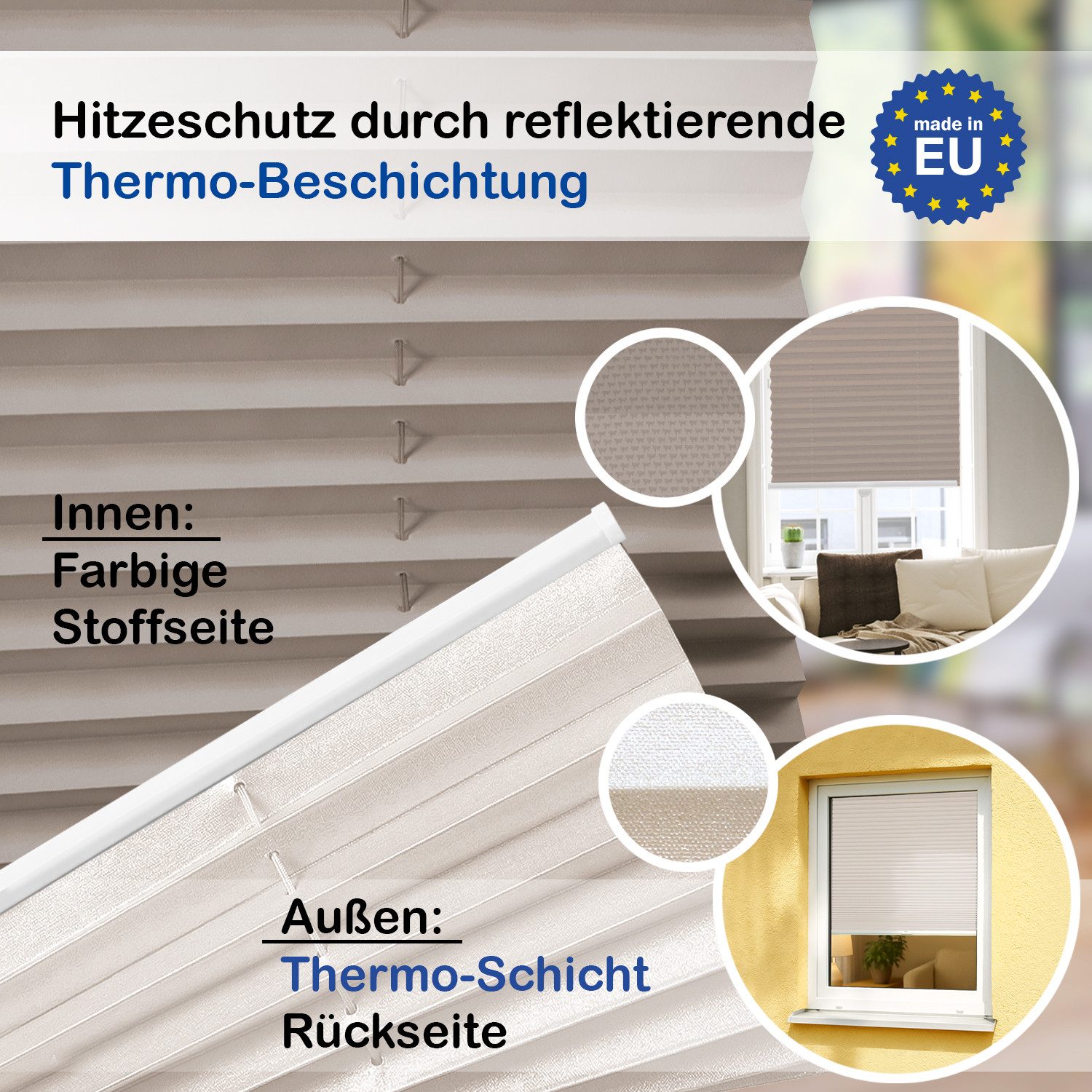 Rikmani Plissee Thermo Klemmfix ohne Bohren Graubeige 40x100 cm, blickdicht, Klemmfix, Thermo-Wärmeschutz, blickdicht, Stufenlos