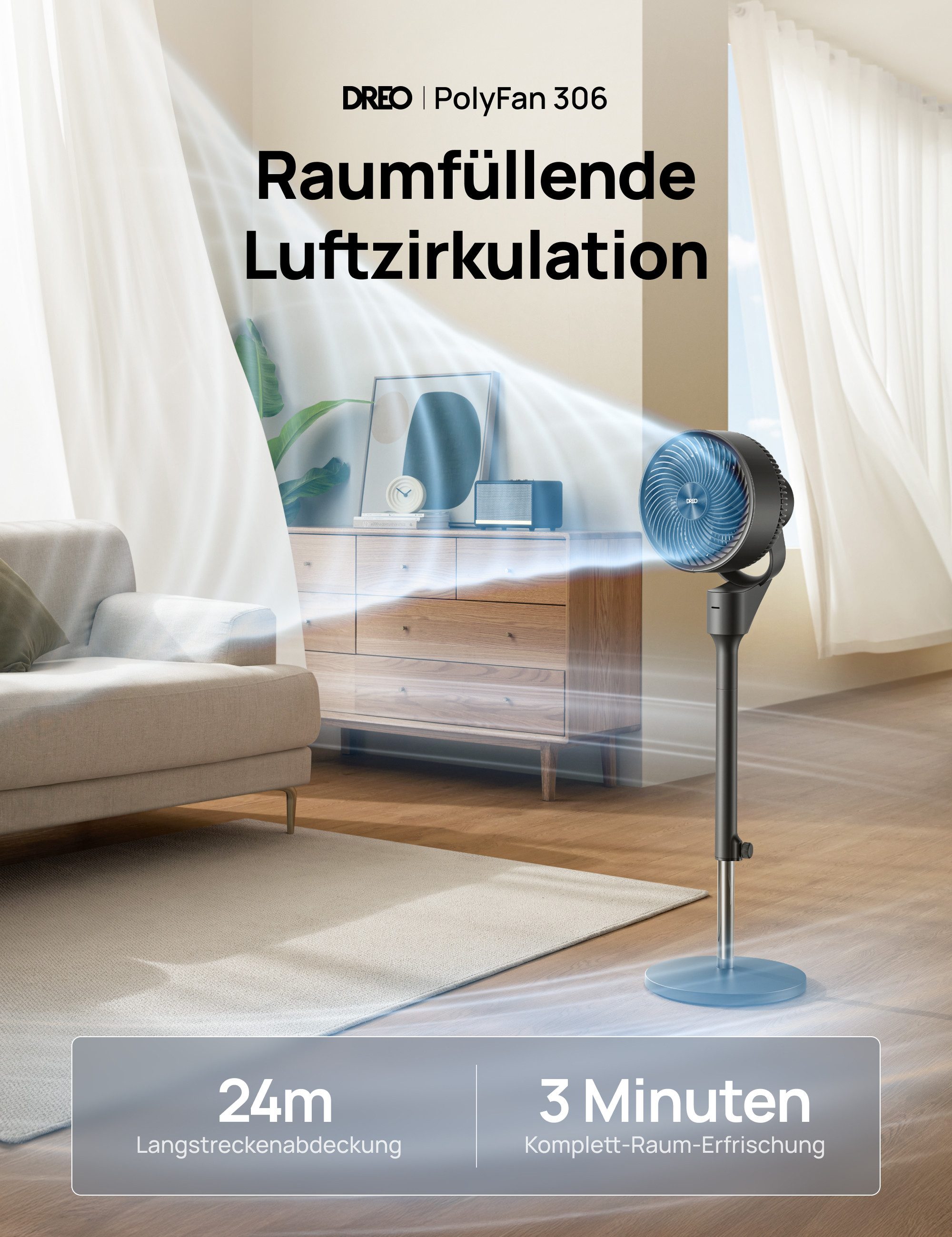 Dreo Standventilator Leiser, 1444m³/h Luftvolumen, 3 günstig online kaufen
